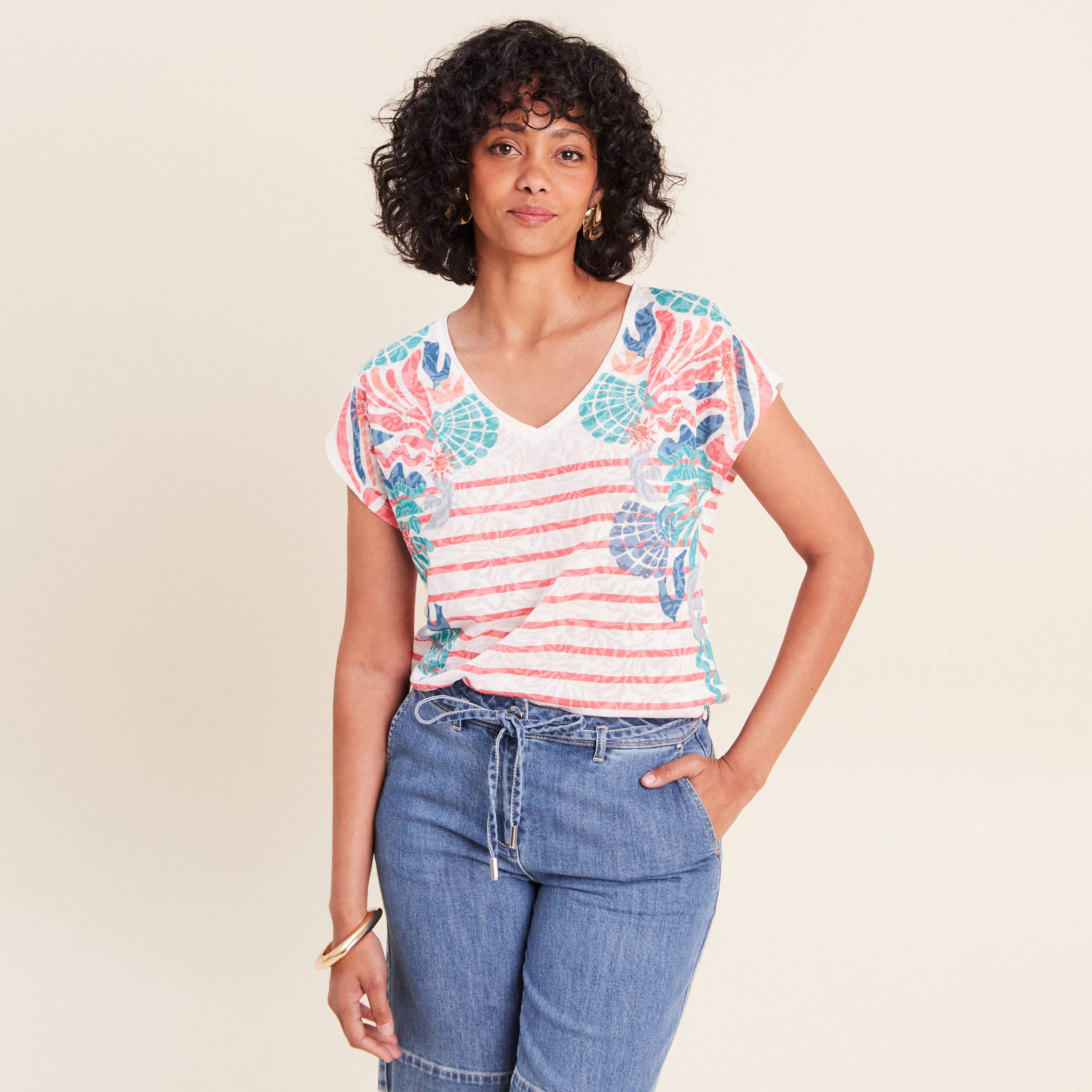 T-shirt col v manches courtes strass ecru femme
