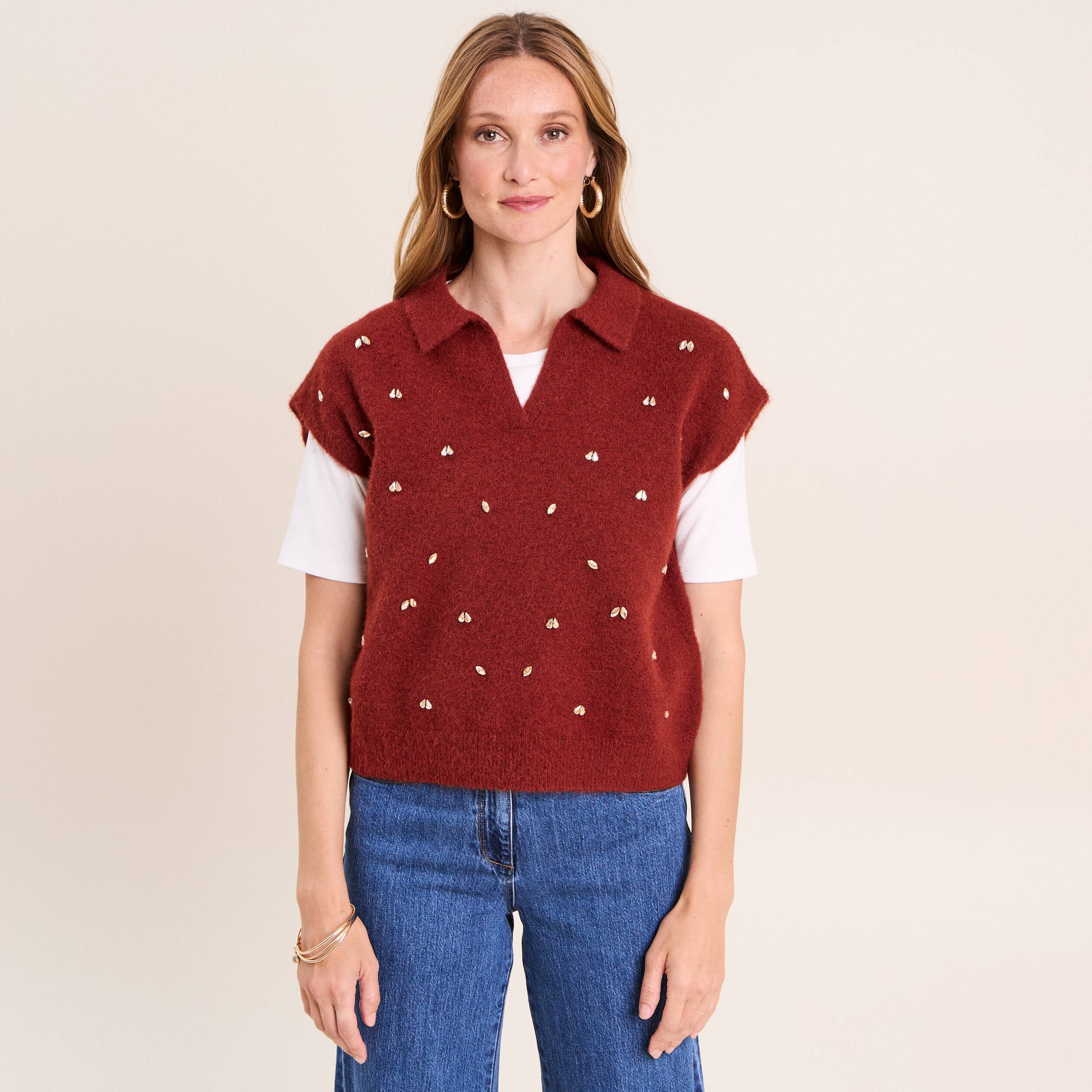 Pull sans manches col chemise orange fonc&eacute; femme