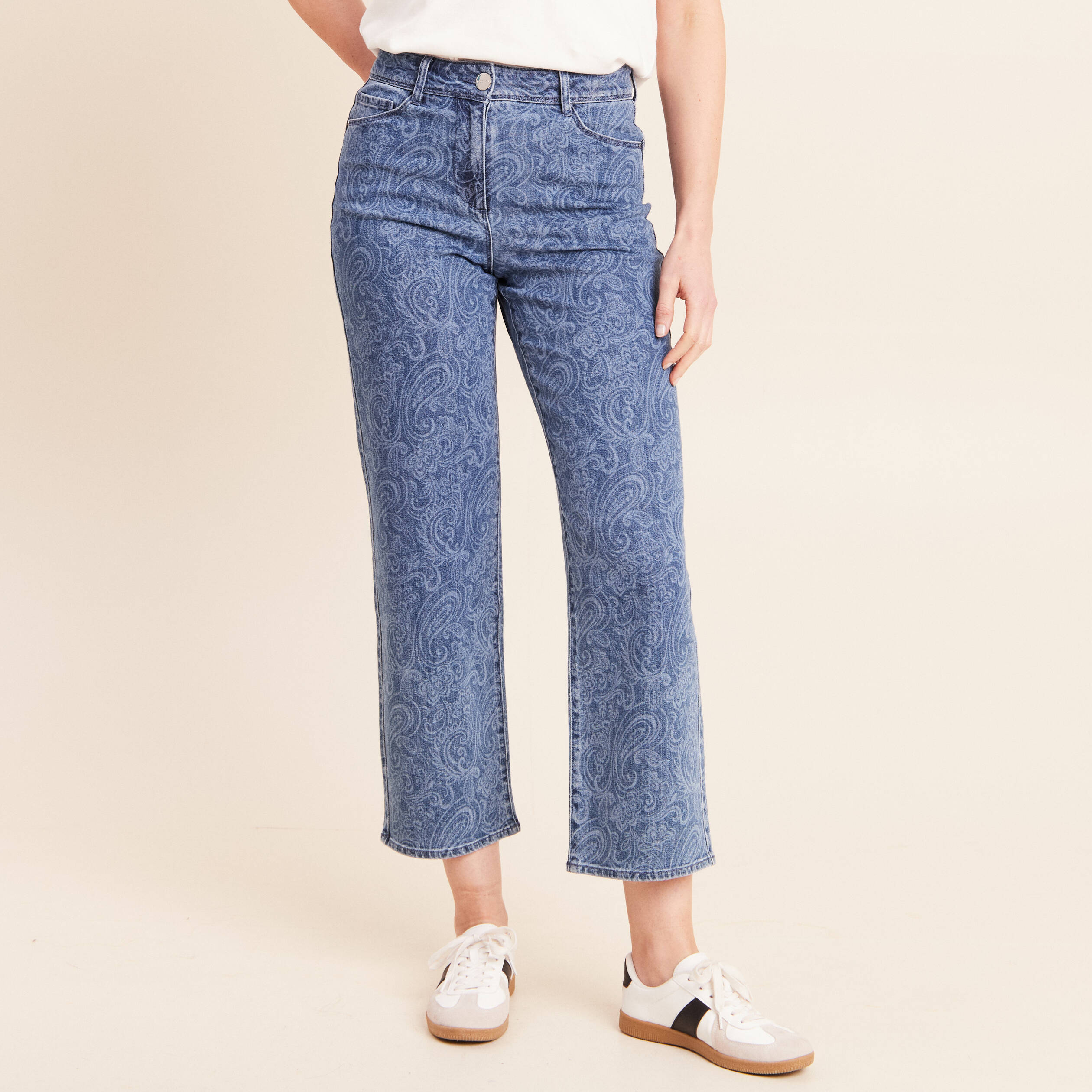 Jean droit 7/8&egrave;me taille bascul&eacute;e denim stone femme