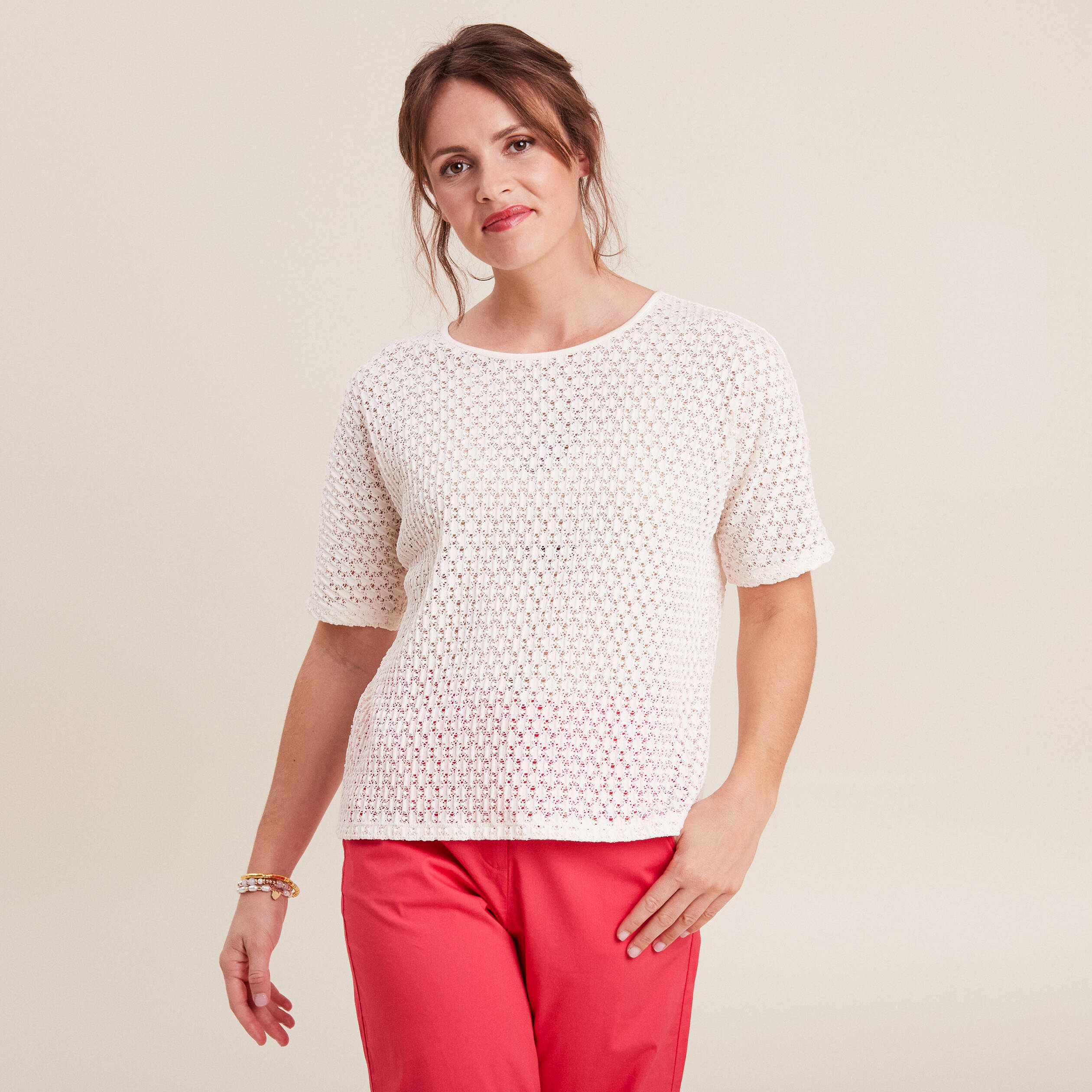 Blouse manches courtes crochet ecru femme