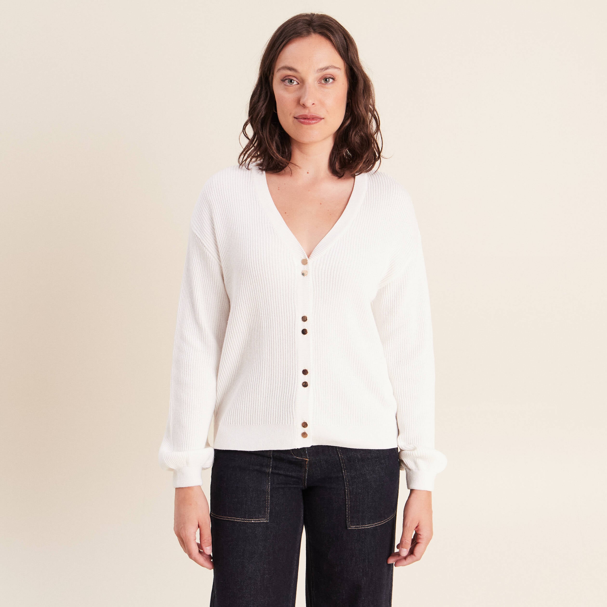 Gilet col v manches longues ecru femme