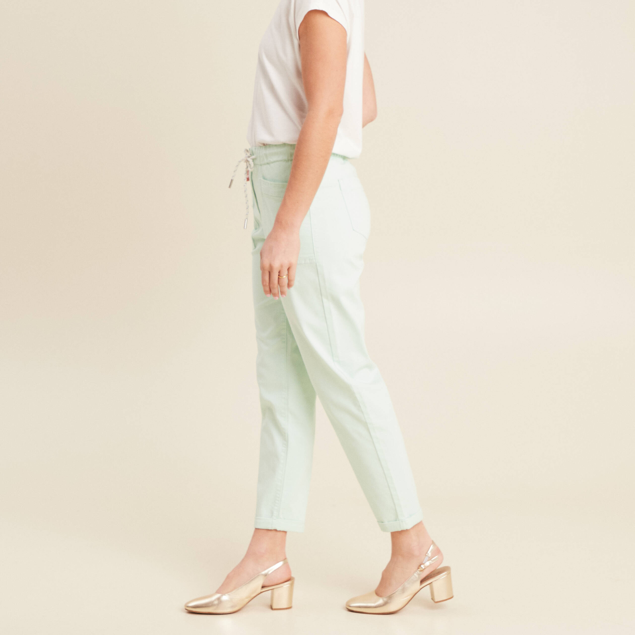 Pantalon coupe droite à coulisse vert clair femme