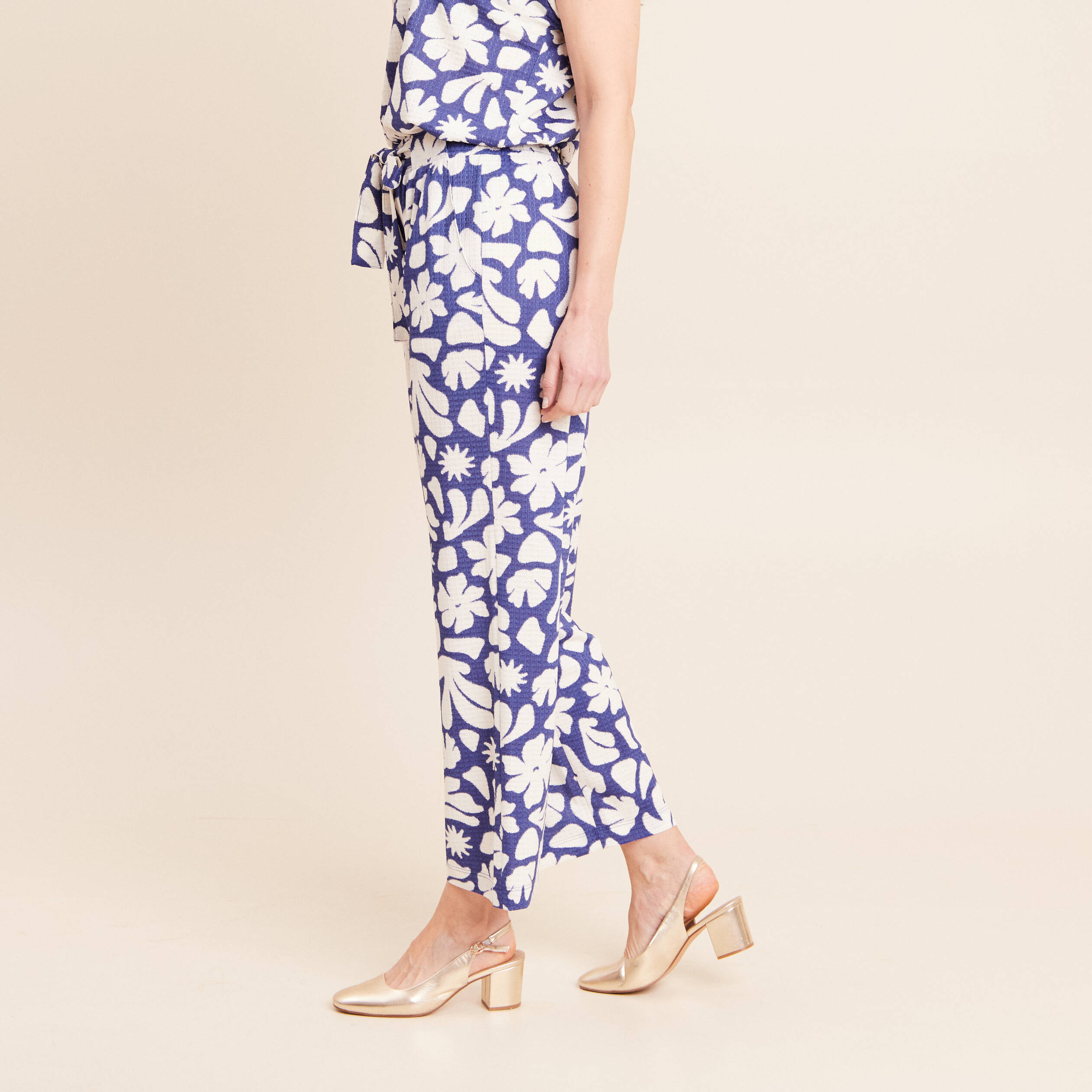 Pantalon coupe large 7/8&egrave;me taille haute bleu femme