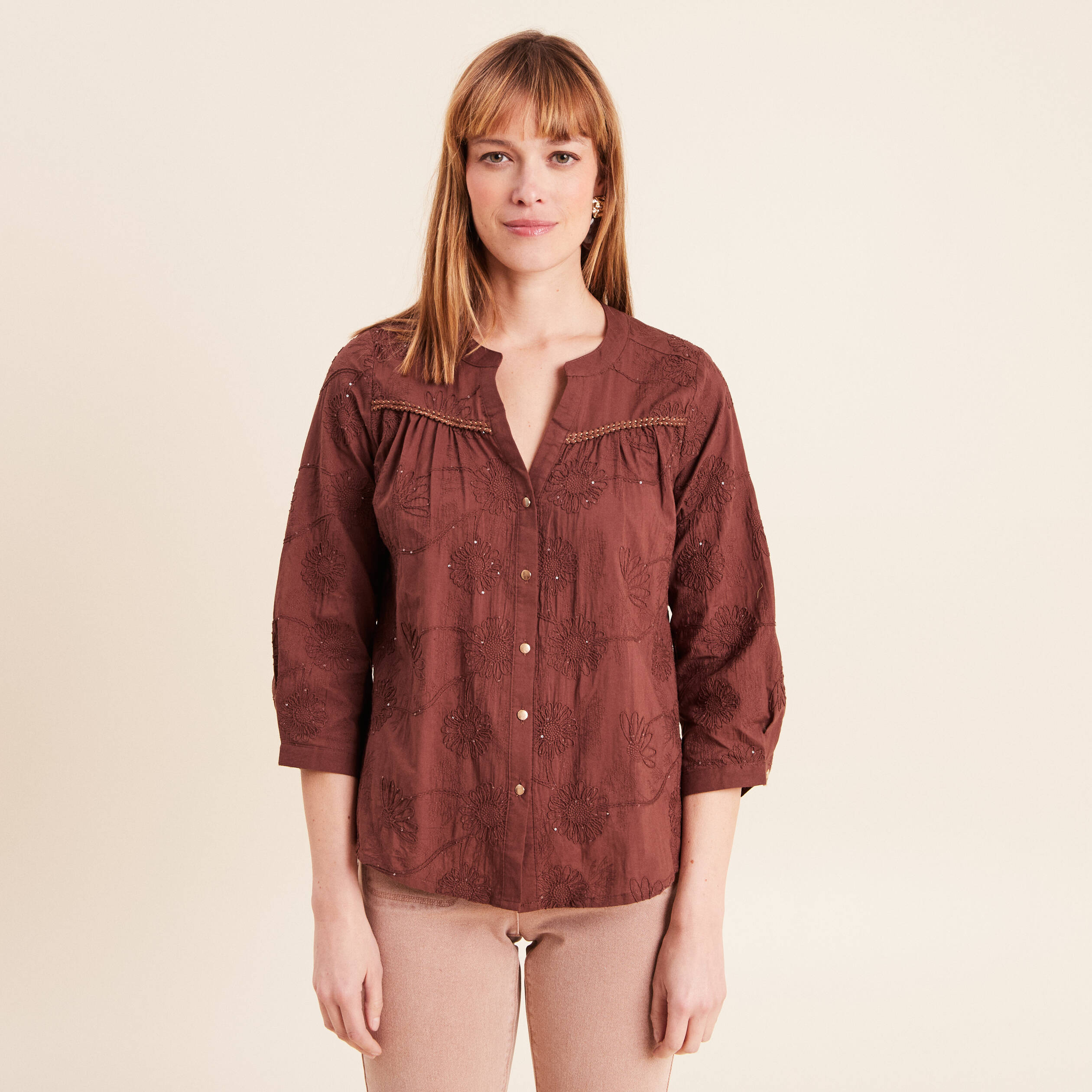 Blouse col tunisien manches 3/4 taupe femme