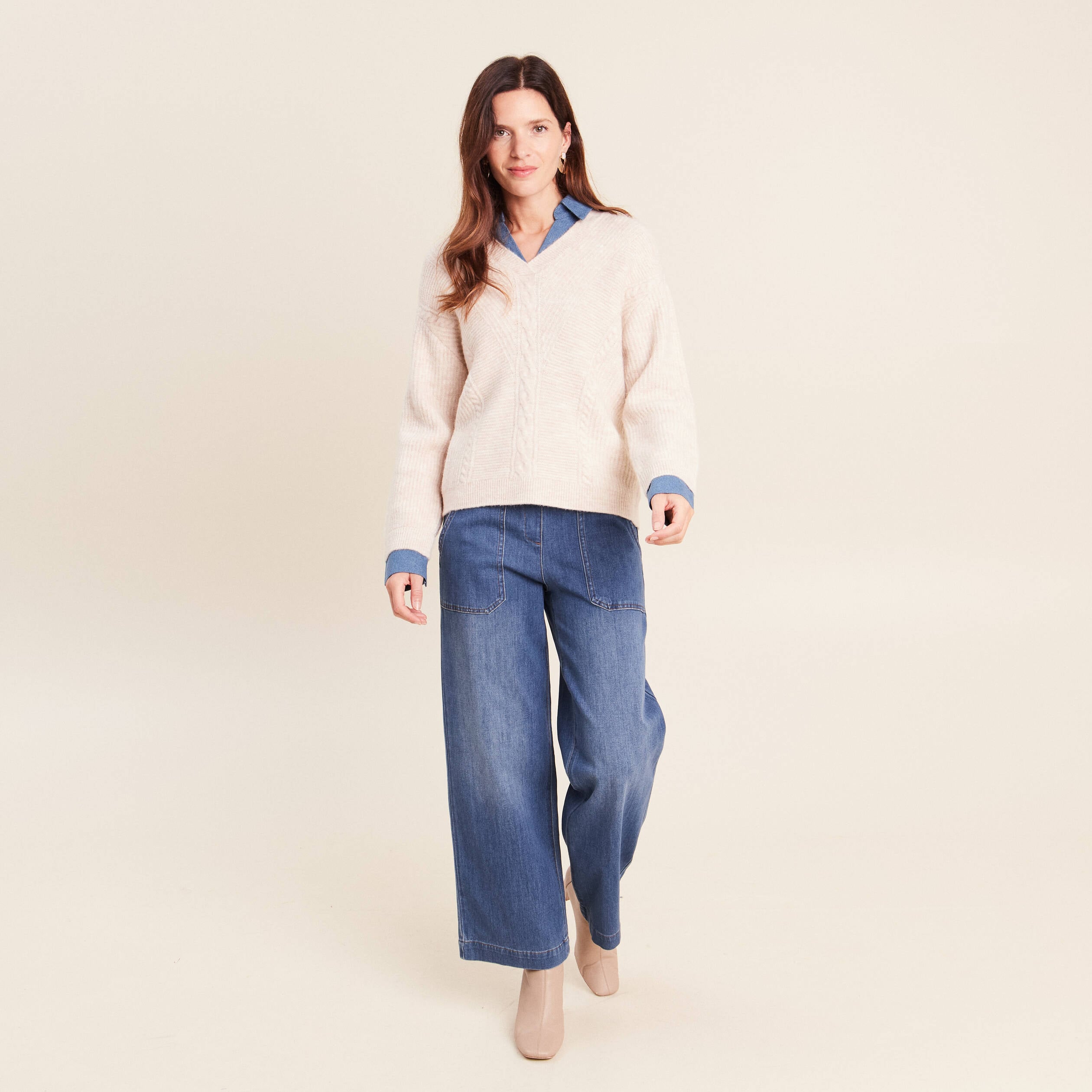 Pull bi-mati&egrave;re col chemise ecru femme