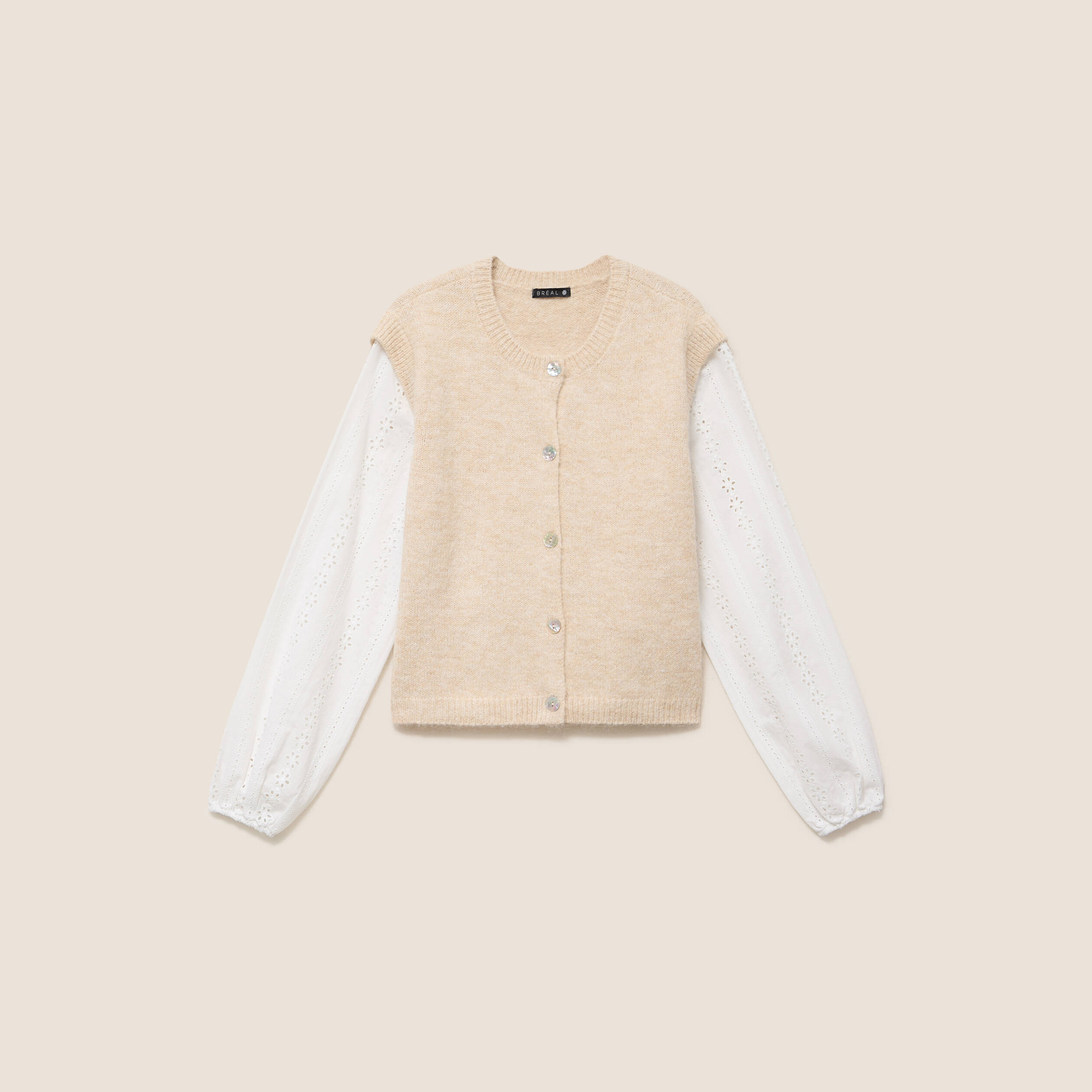 Gilet bi-mati&egrave;re col rond ivoire femme