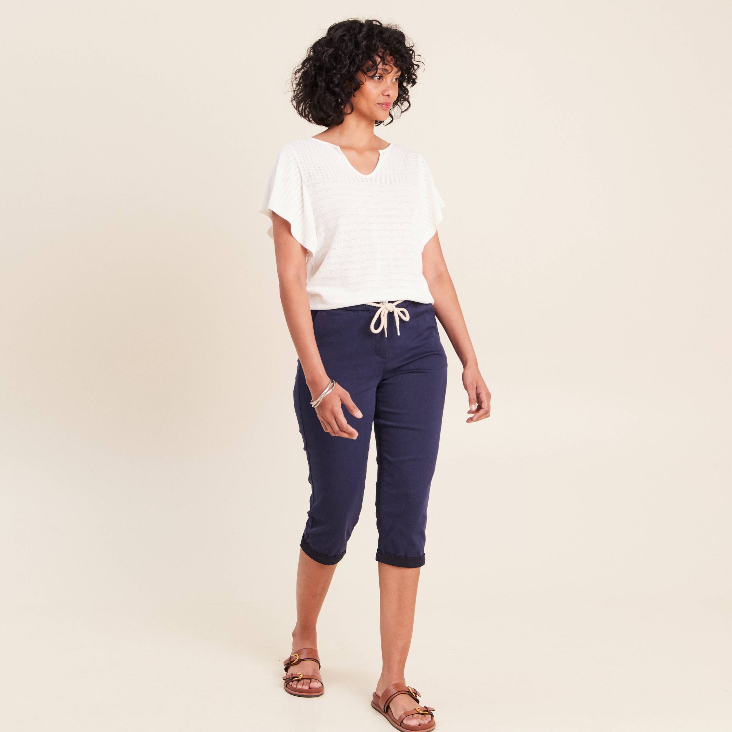 Pull col tunisien manches courtes ecru femme