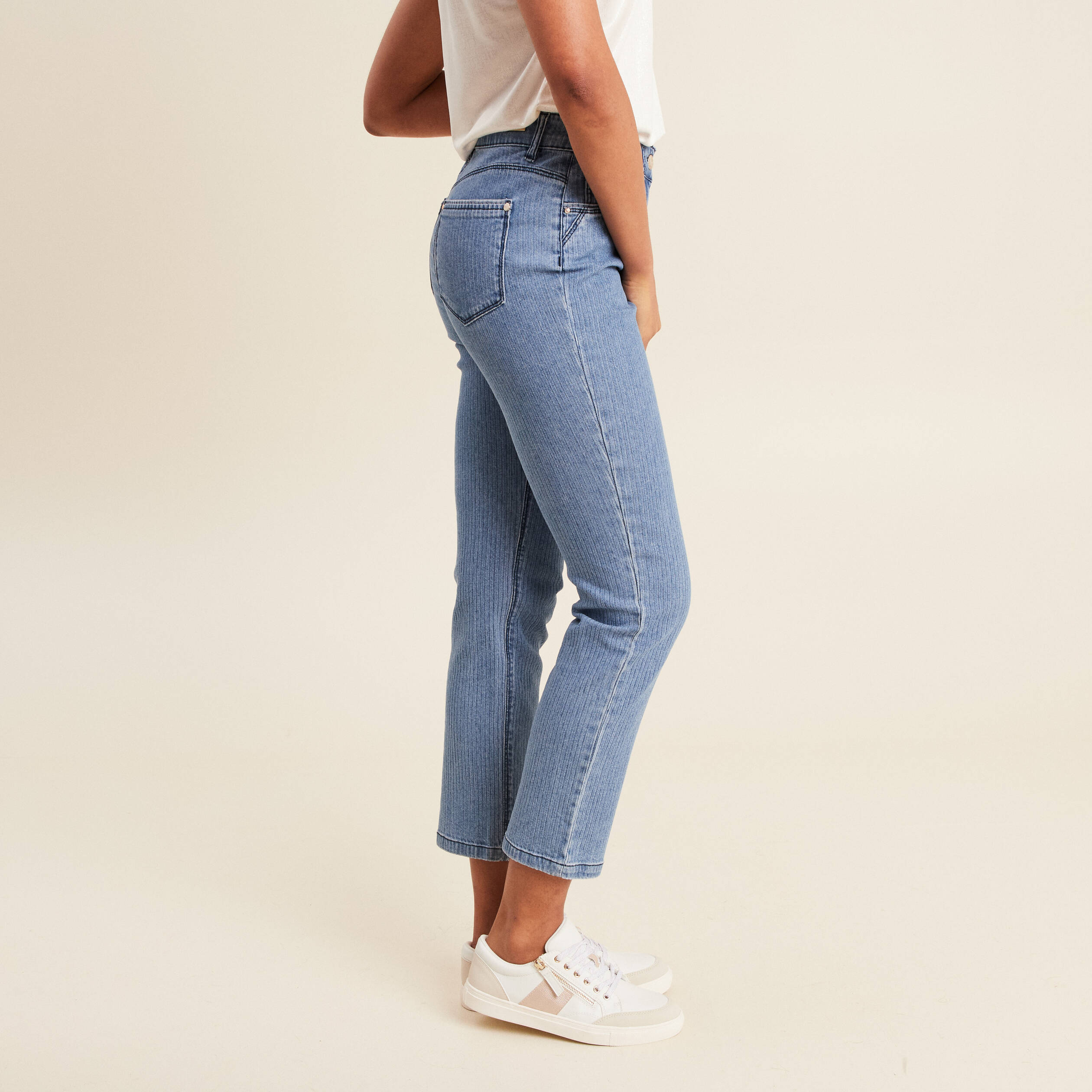 Jean ajusté effet velours denim double stone femme