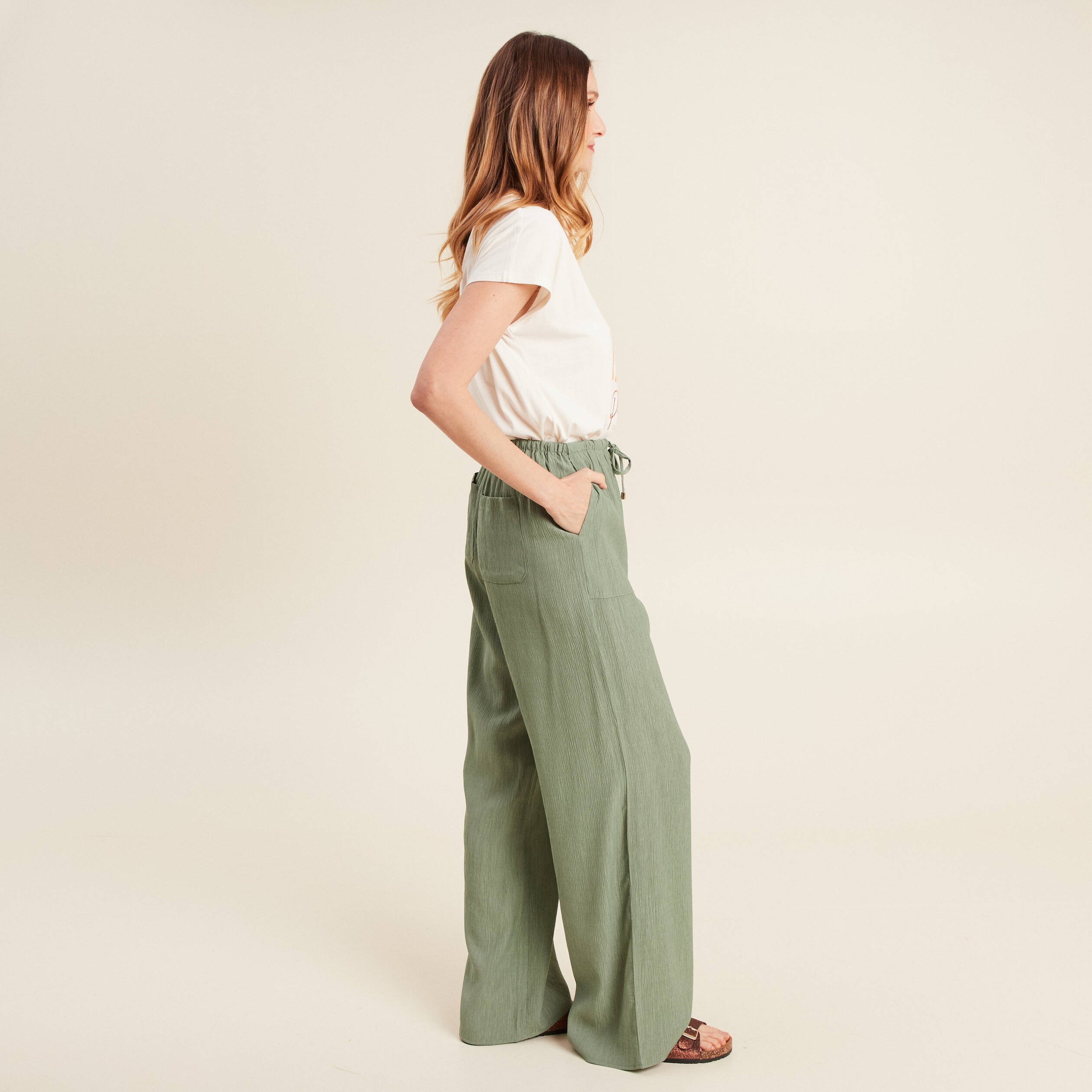 pantalon large fluide vert kaki femme Pantalon large fluide vert kaki femme