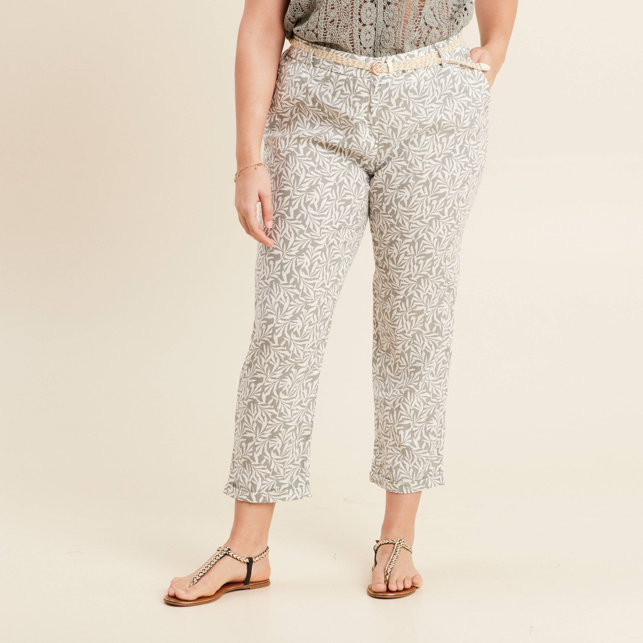 Pantalon à ceinture vert kaki femme