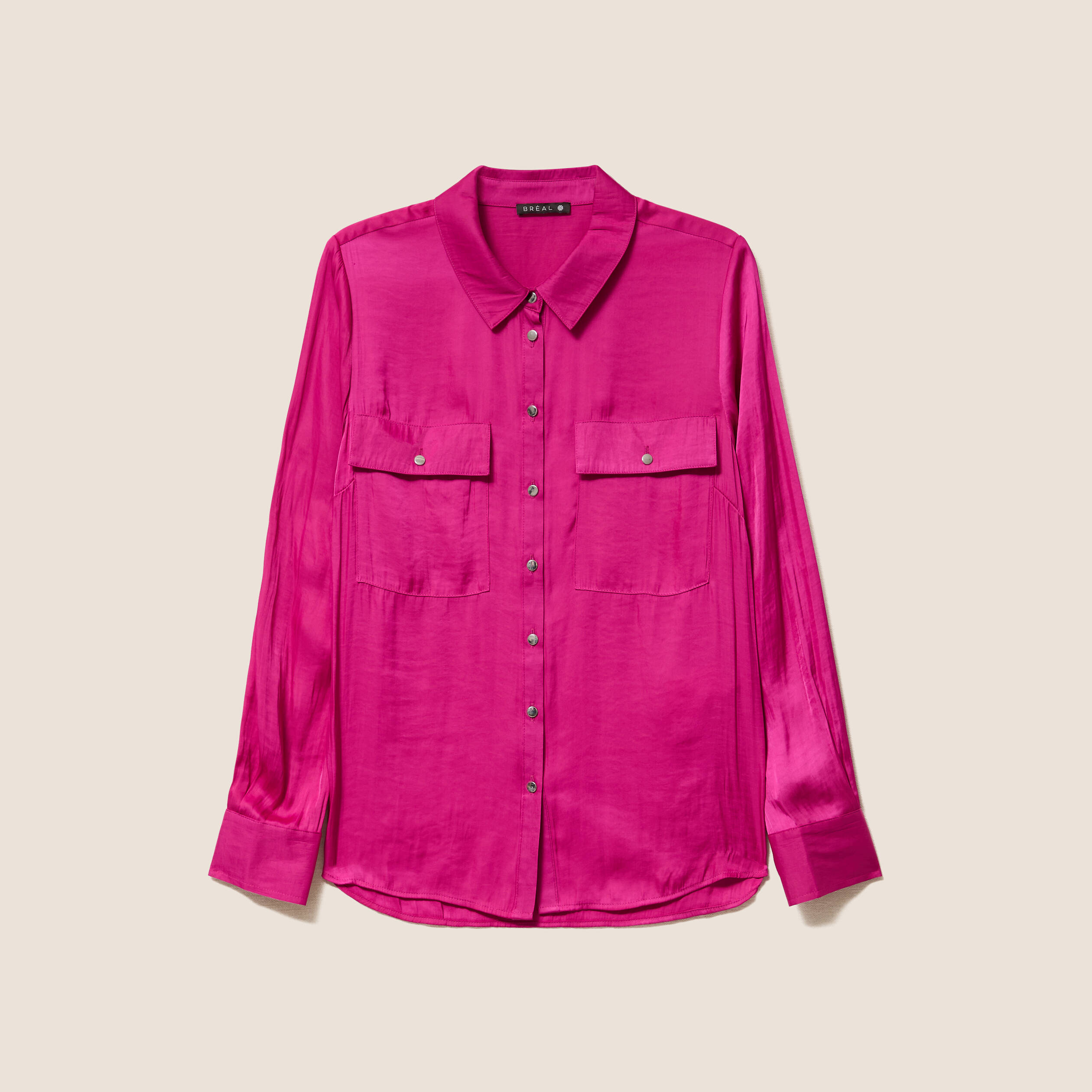 Chemise satin&eacute;e manches longues rose fushia femme