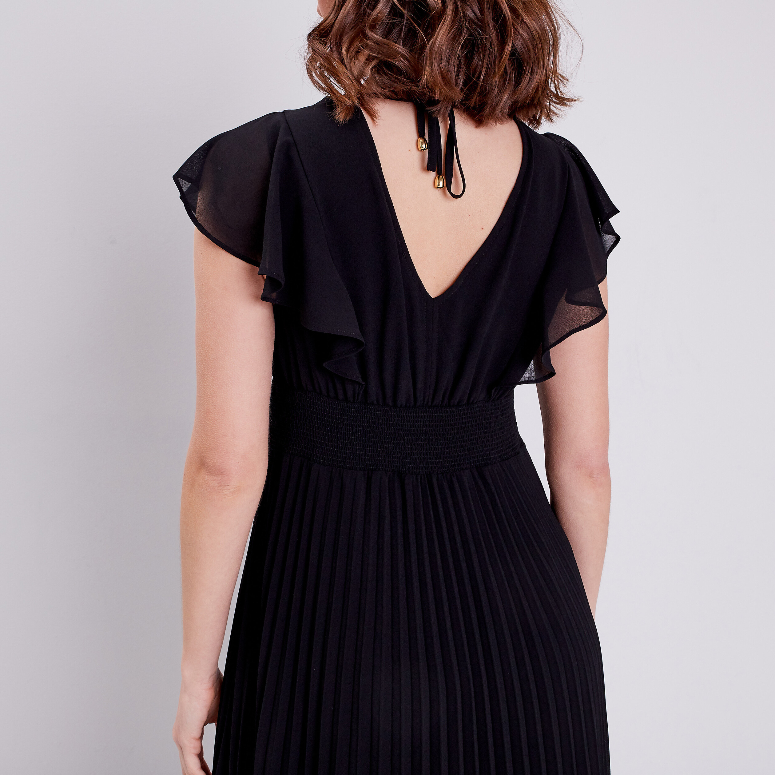 Robe longue évasée à volants noir femme