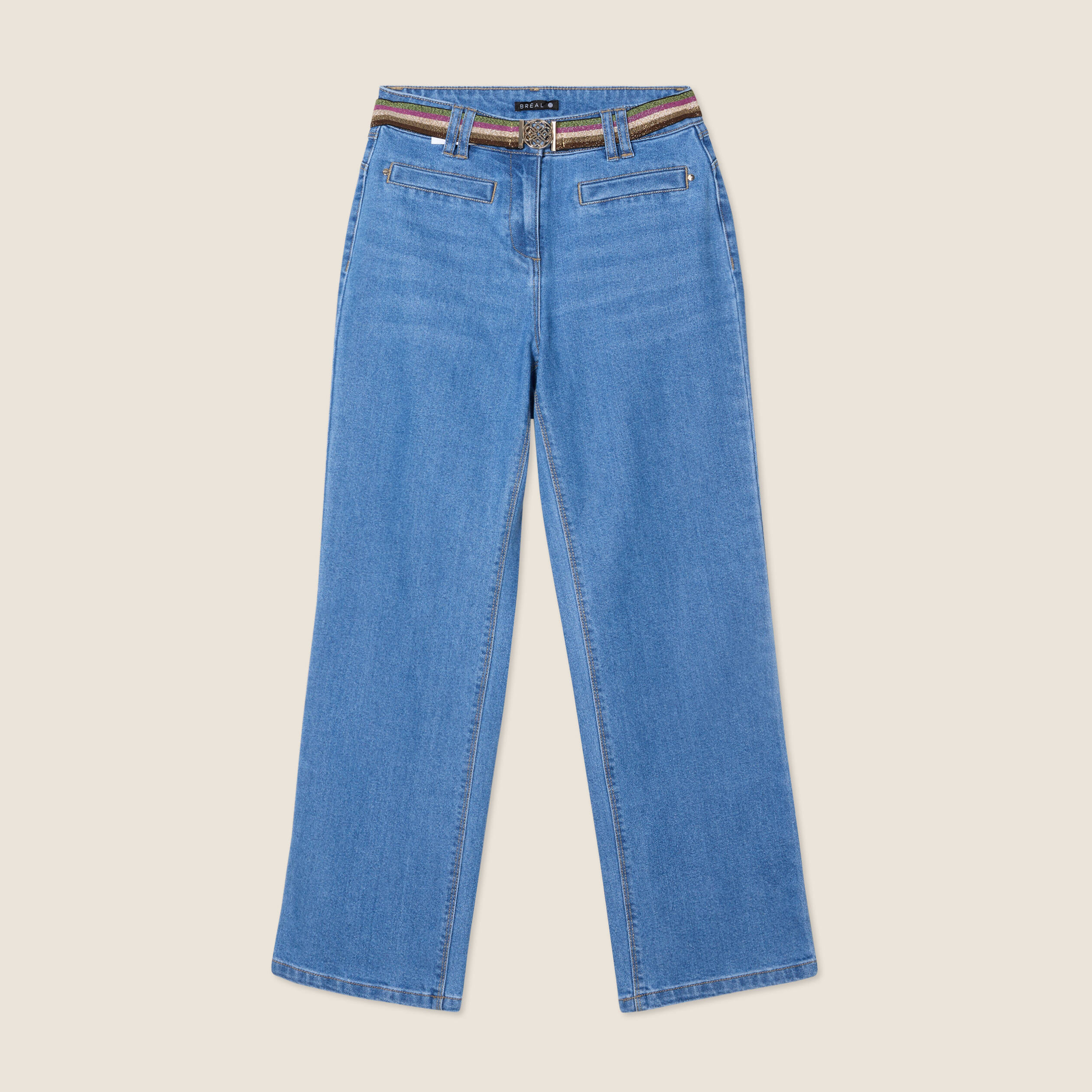 Jean large ceinturé denim double stone femme