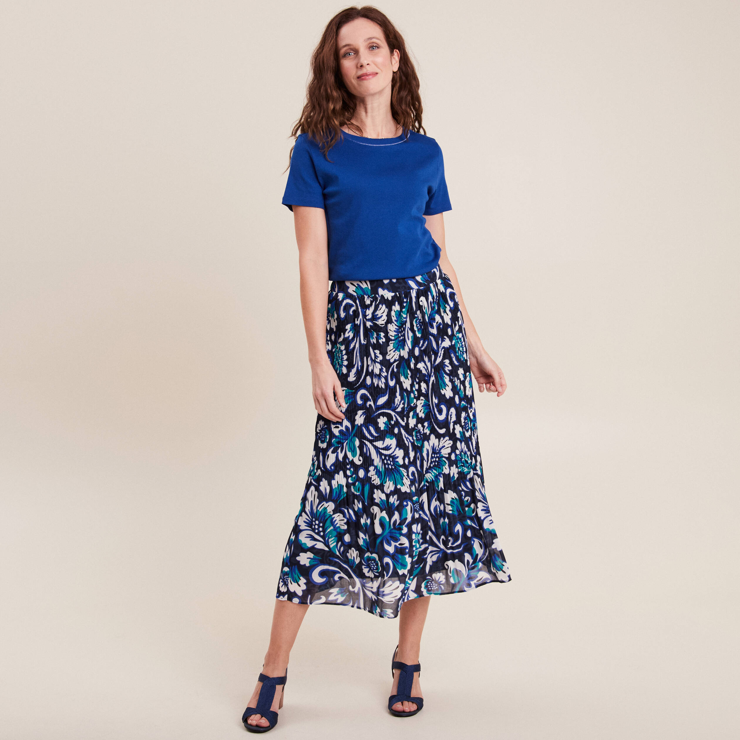 Jupe longue plissée imprimée bleu femme