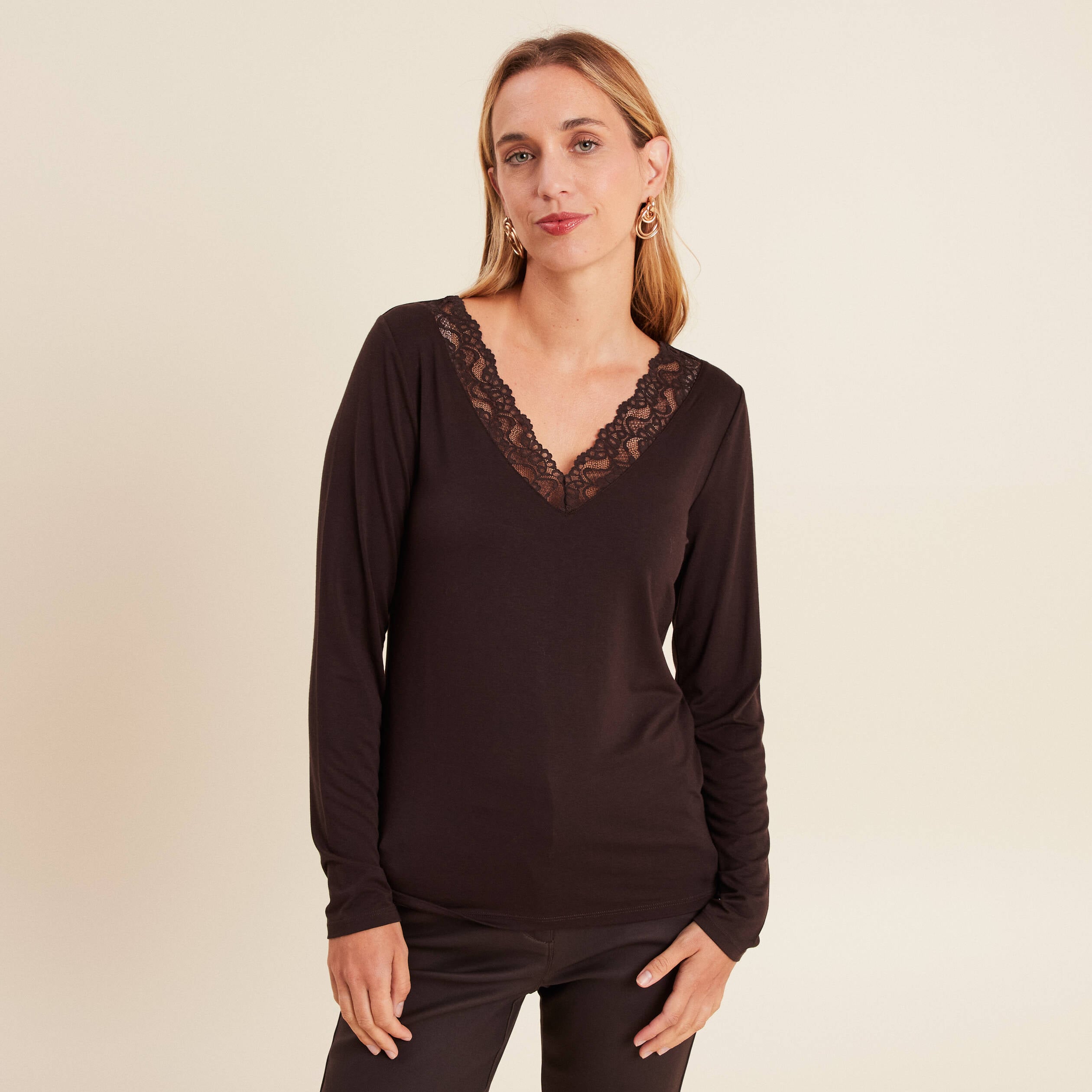 T-shirt thermo-douceur manches longues marron fonc&eacute; femme