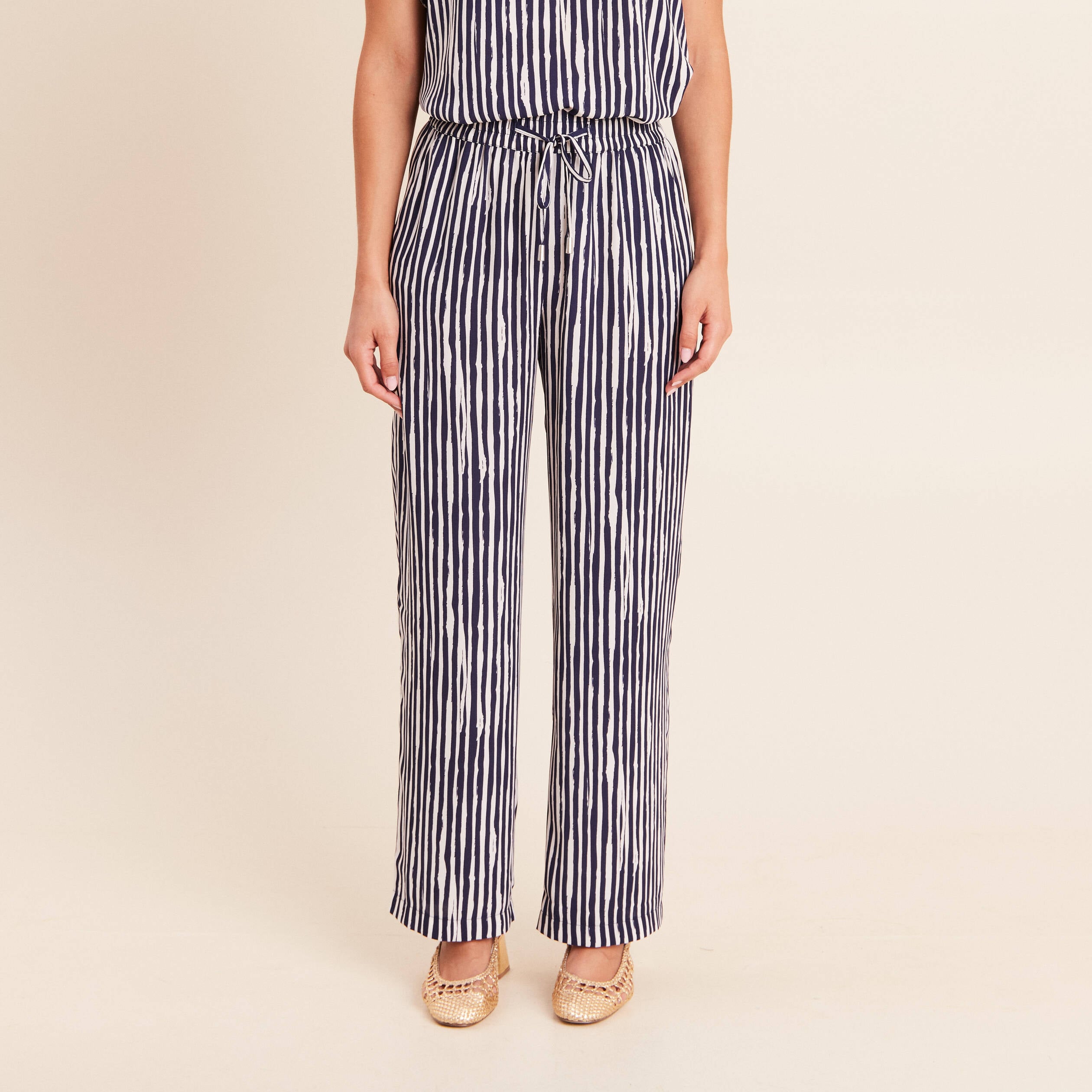 Pantalon large taille haute blanc femme