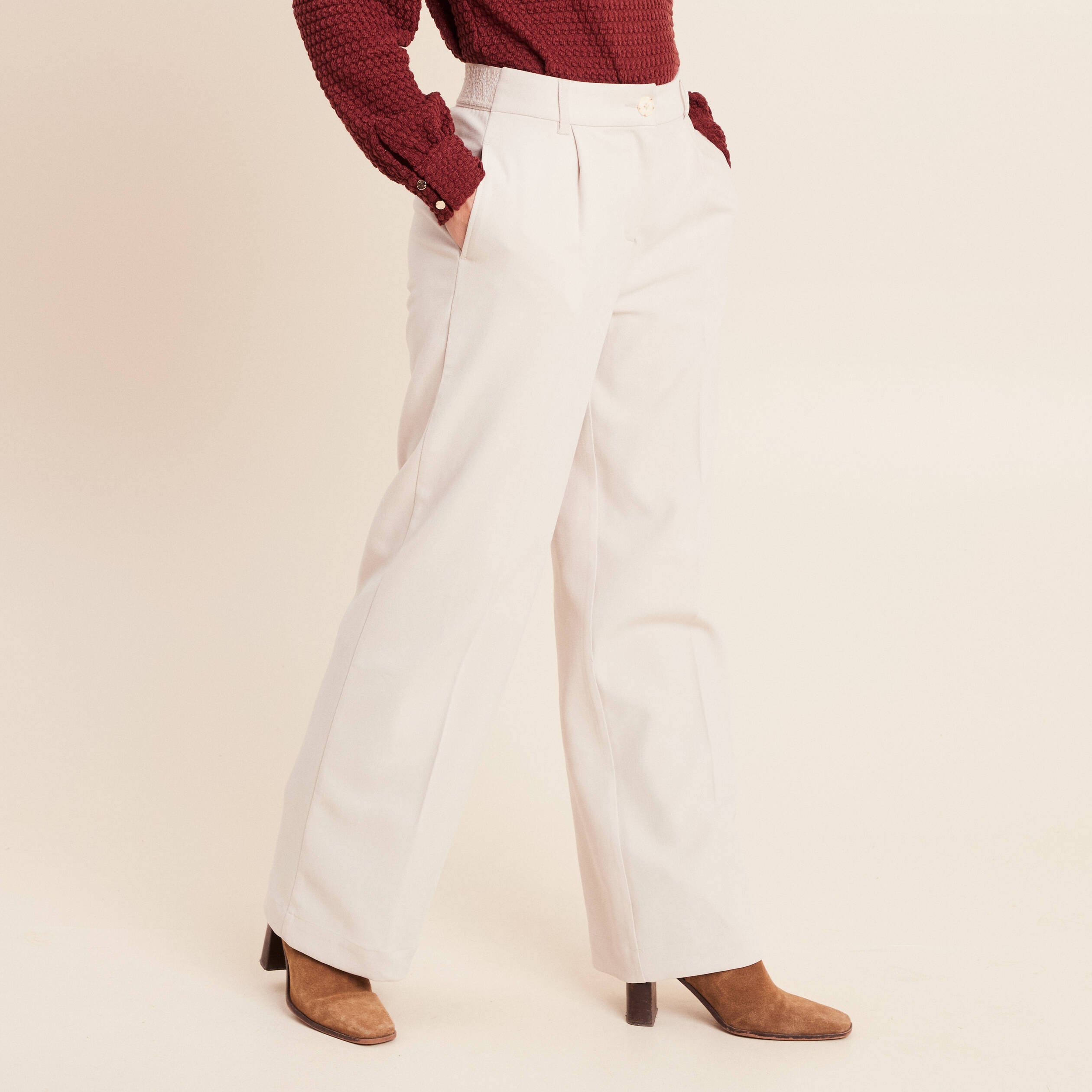 Pantalon taille haute en velours sable femme