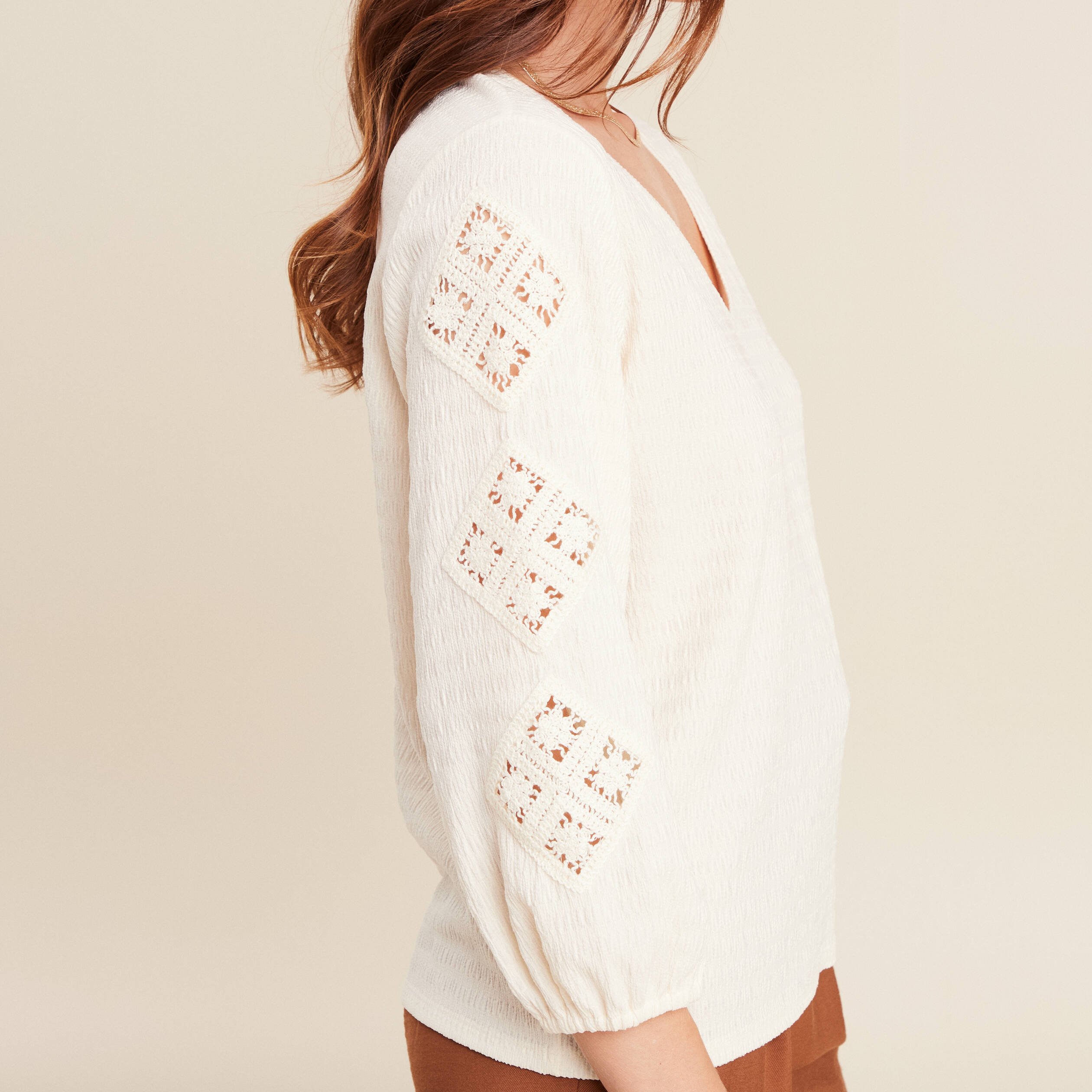 blouse macrame col v manches 34 ecru femme blouse macramé col V manches 3/4 ecru femme