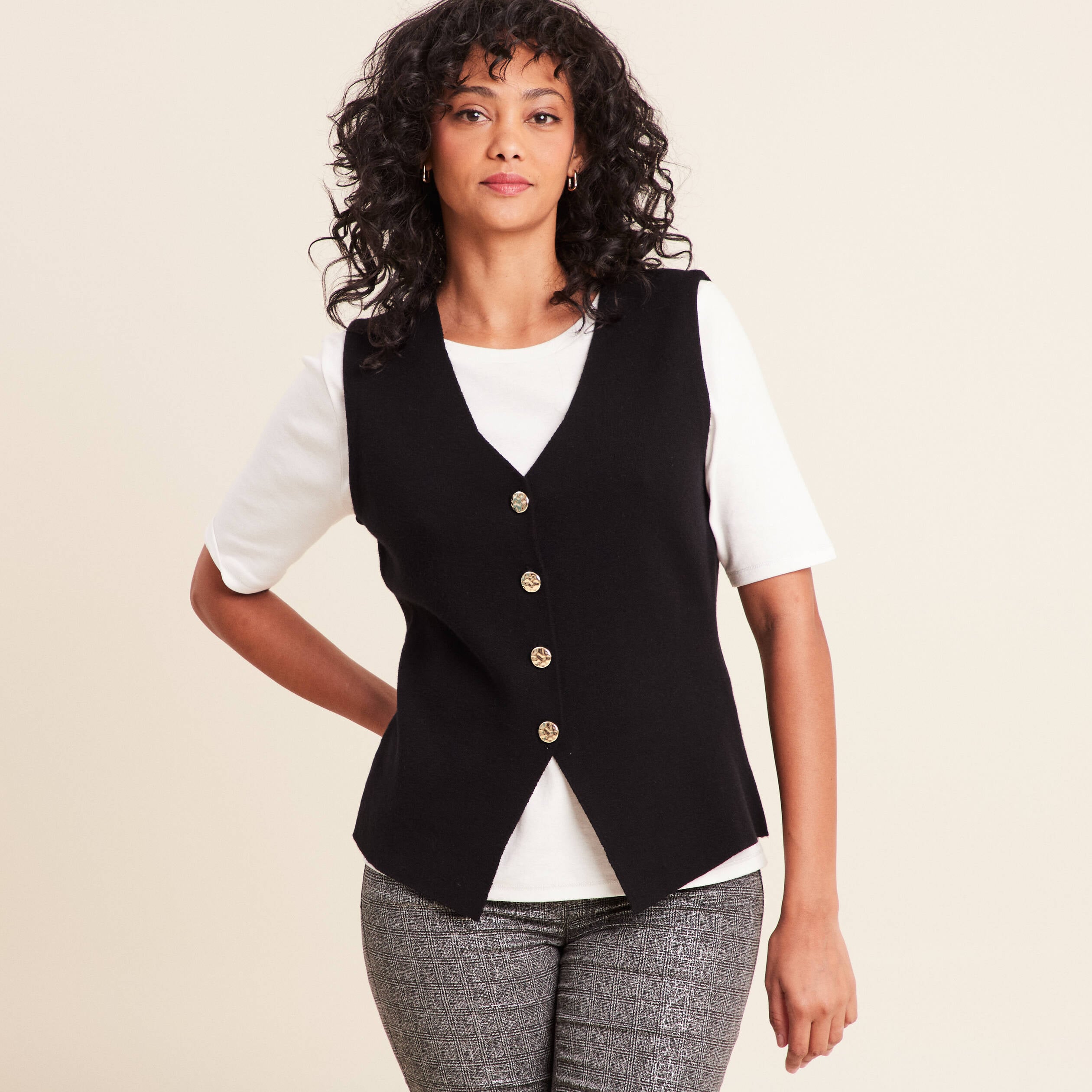 Gilet droit mi-long sans manches noir femme