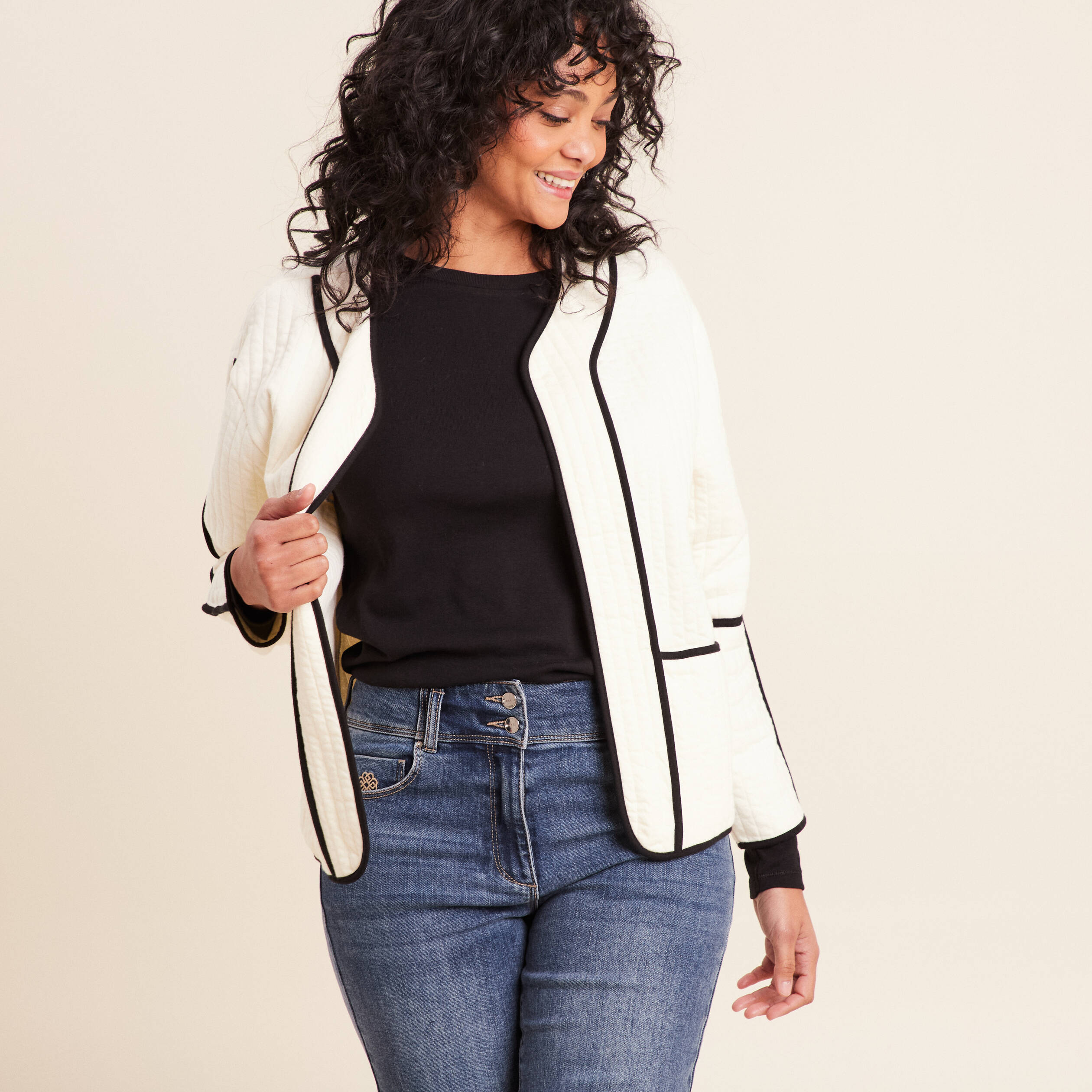 Veste manches longues sans col ecru femme