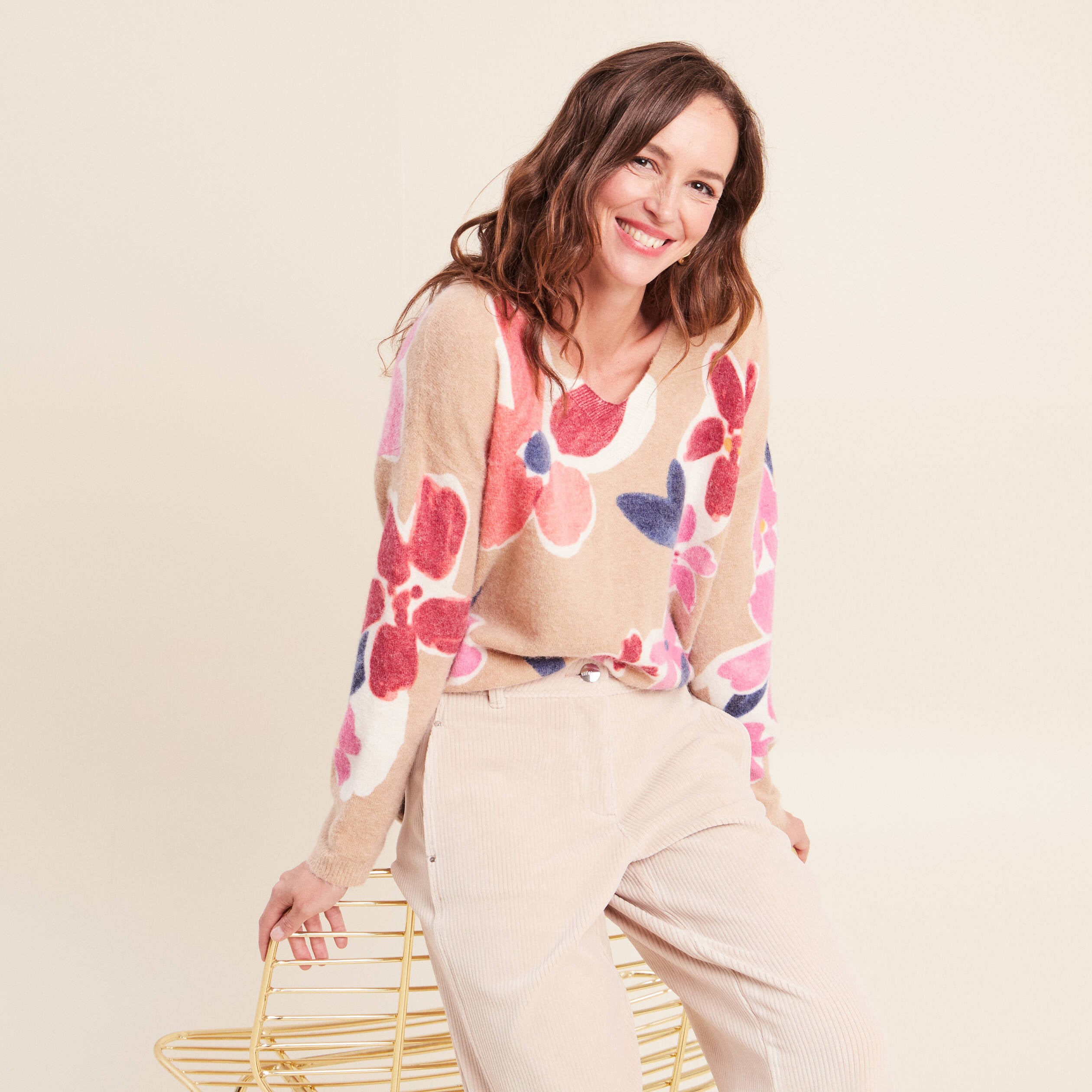 Pull manches longues beige femme