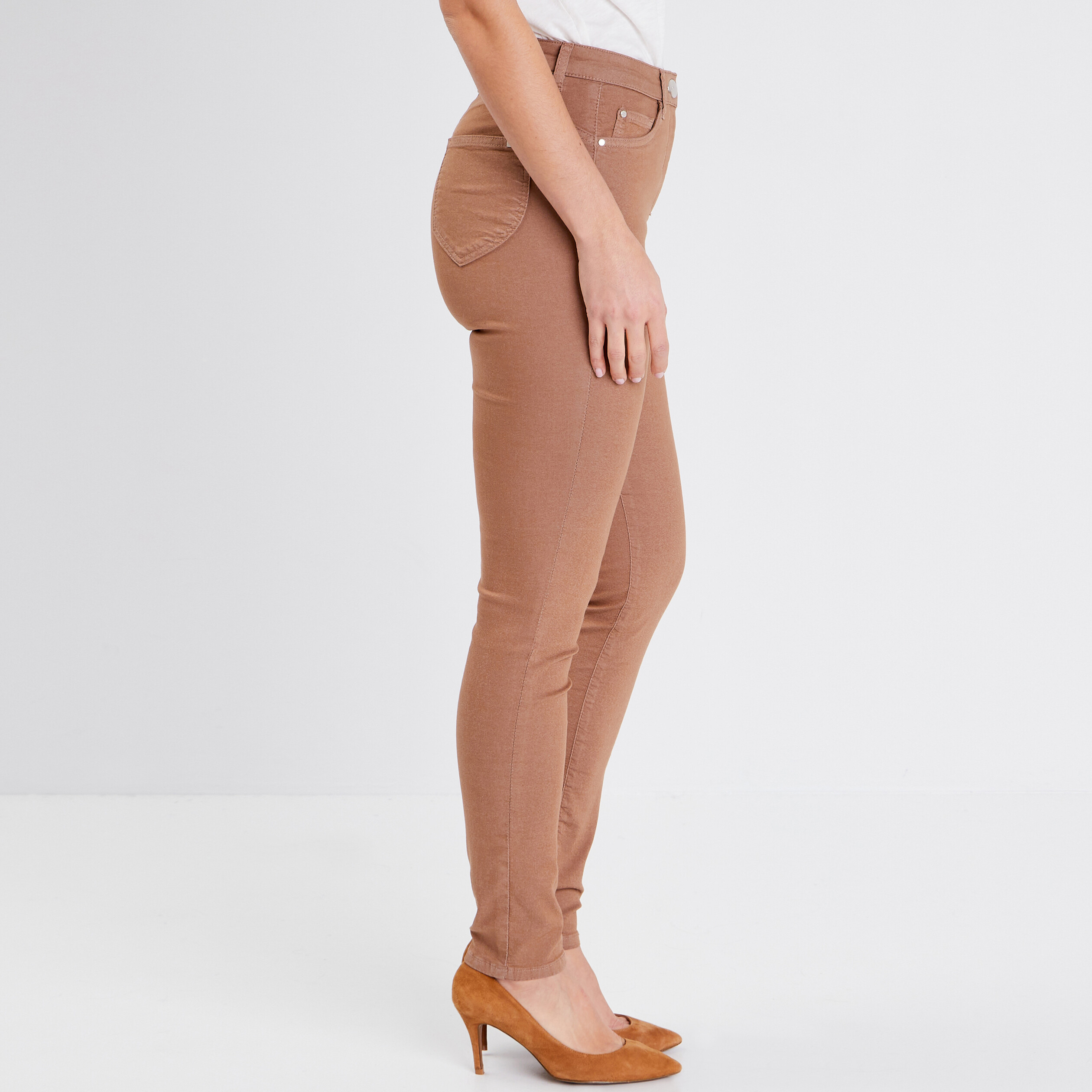 Pantalon léger taille haute long marron femme