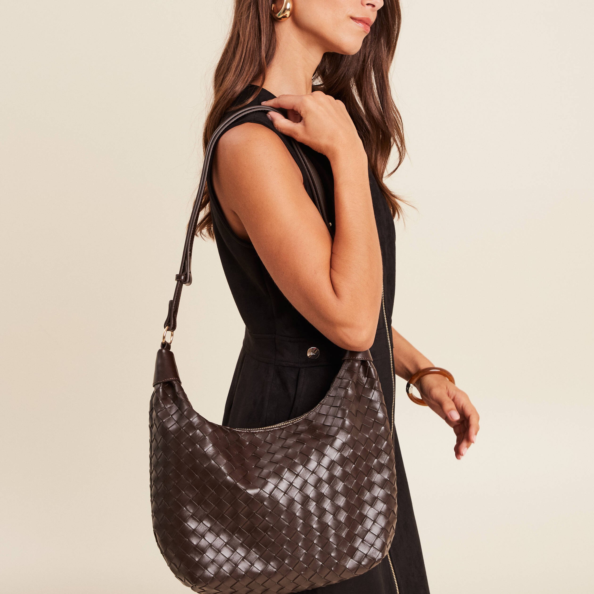 Sac bandoulière tressé doublé marron femme Bréal