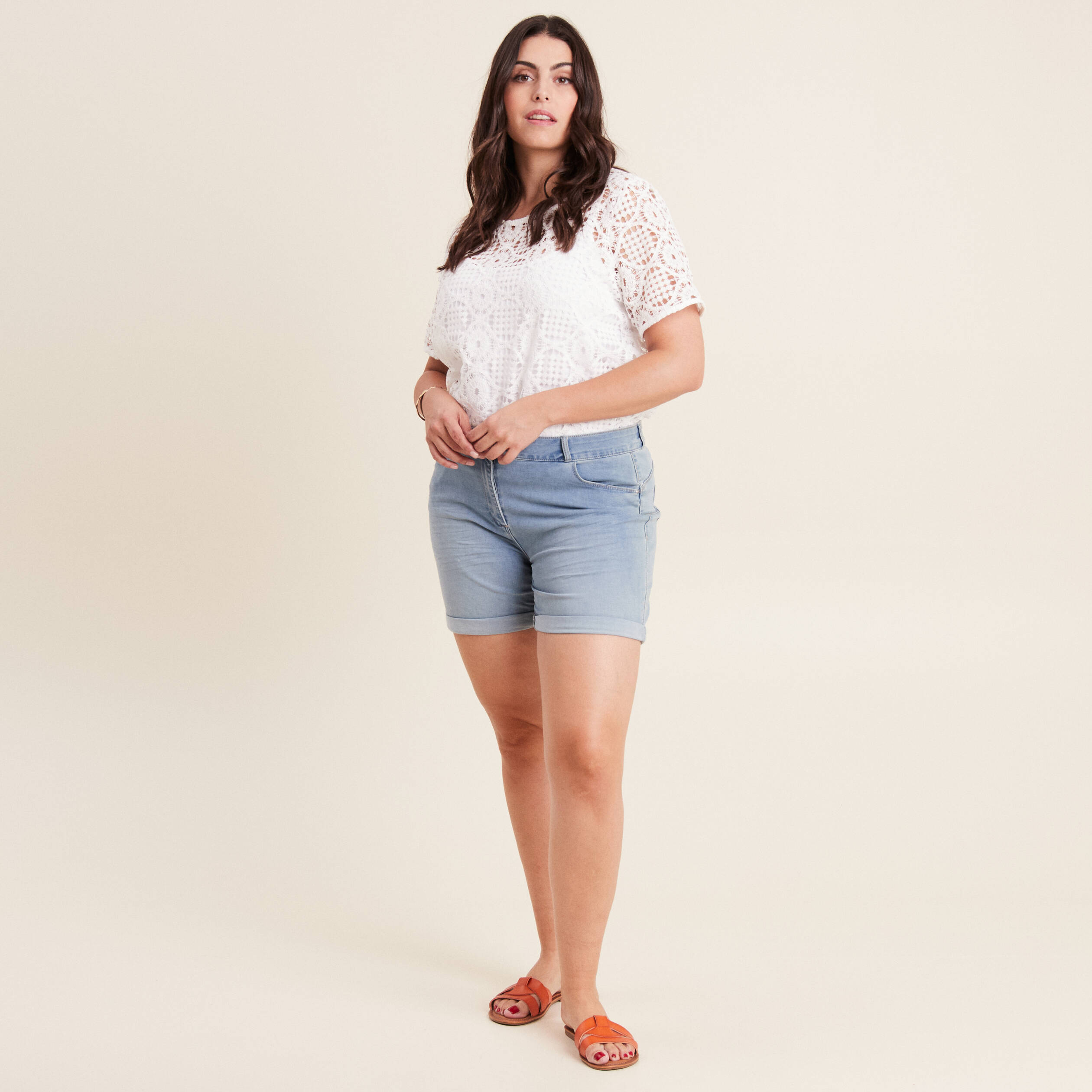 Short droit taille standard denim baby bleu femme