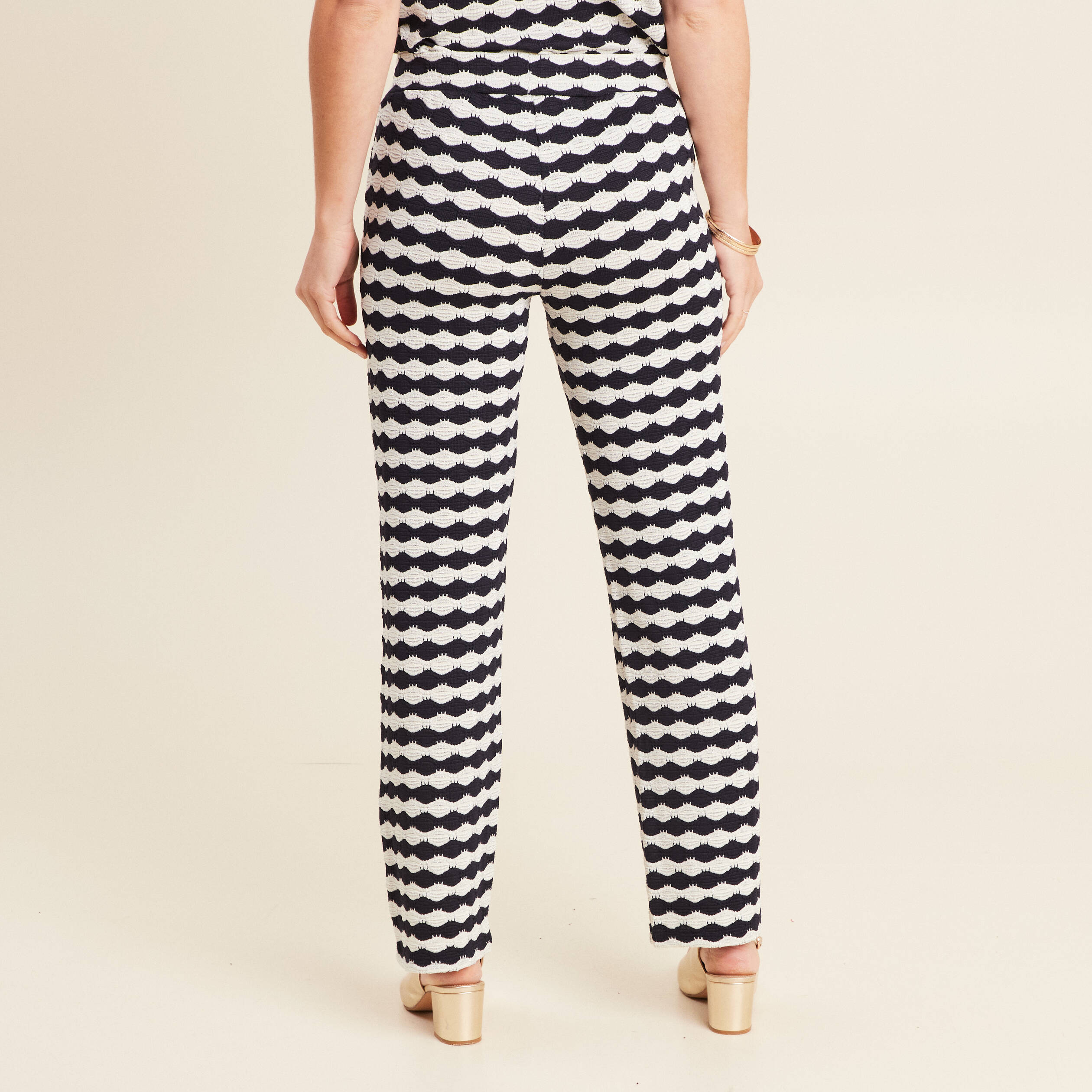 Pantalon large taille haute bleu marine femme