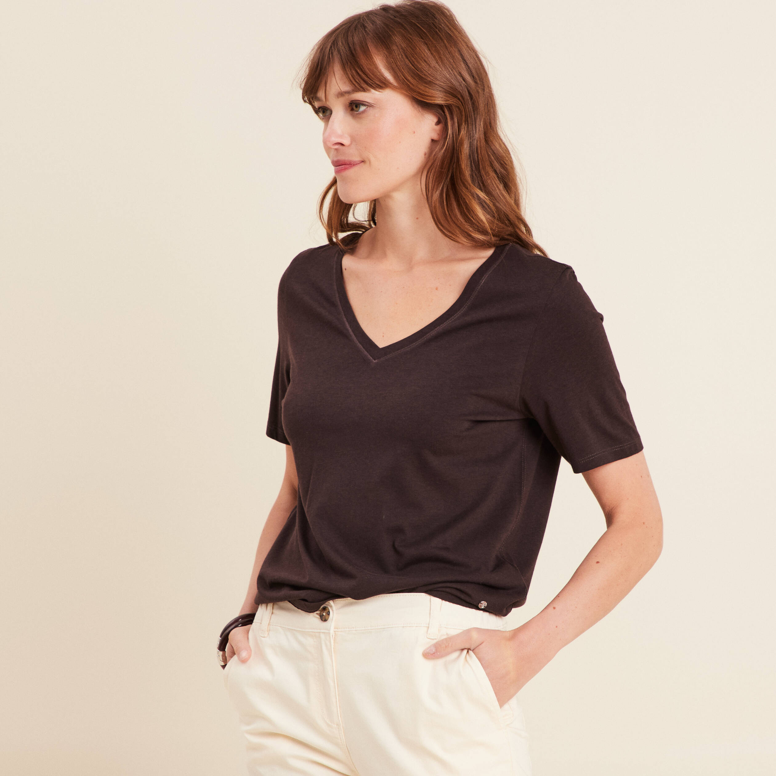 t shirt manches courtes marron fonce femme T-shirt manches courtes marron foncé femme