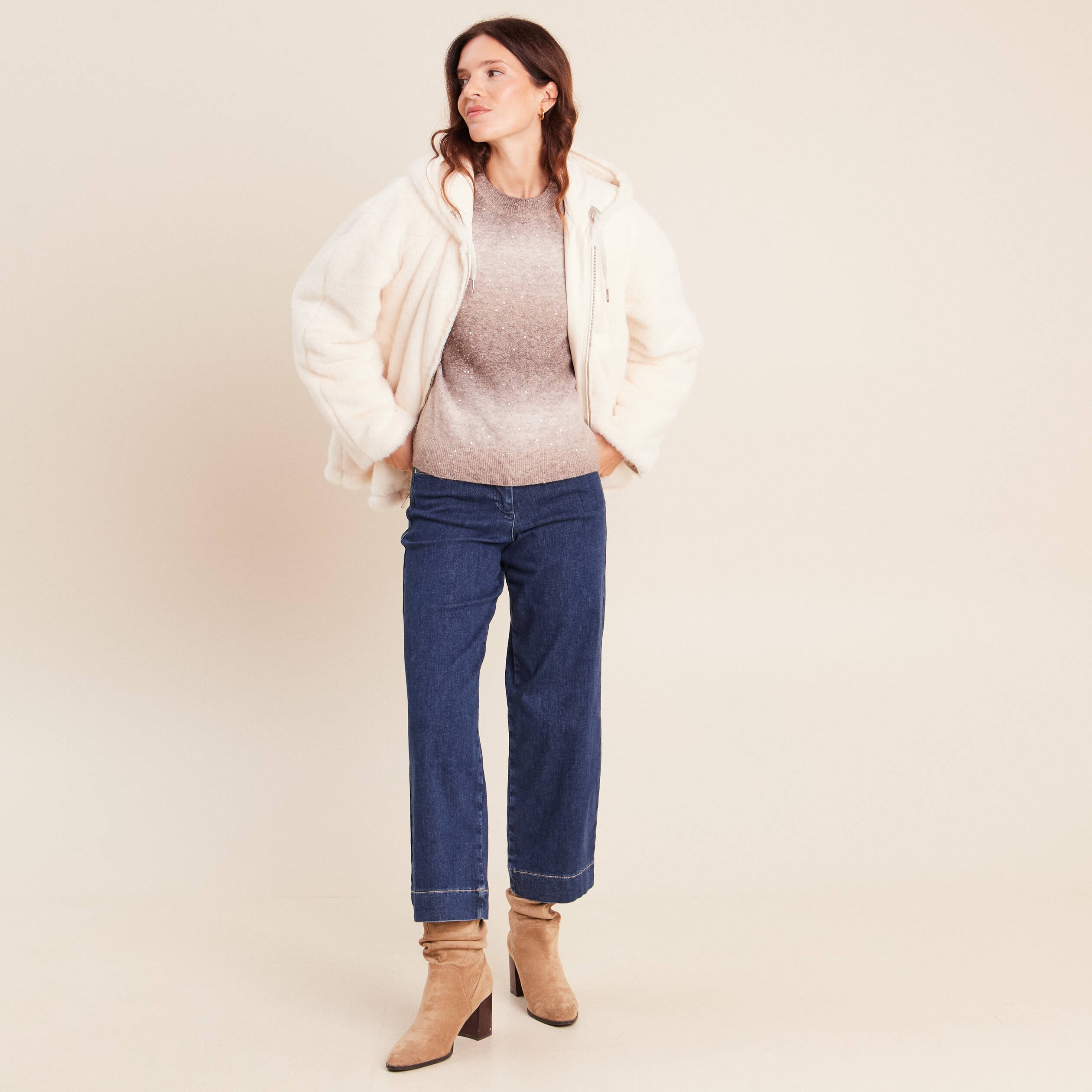 Pull col rond &agrave; sequins taupe femme