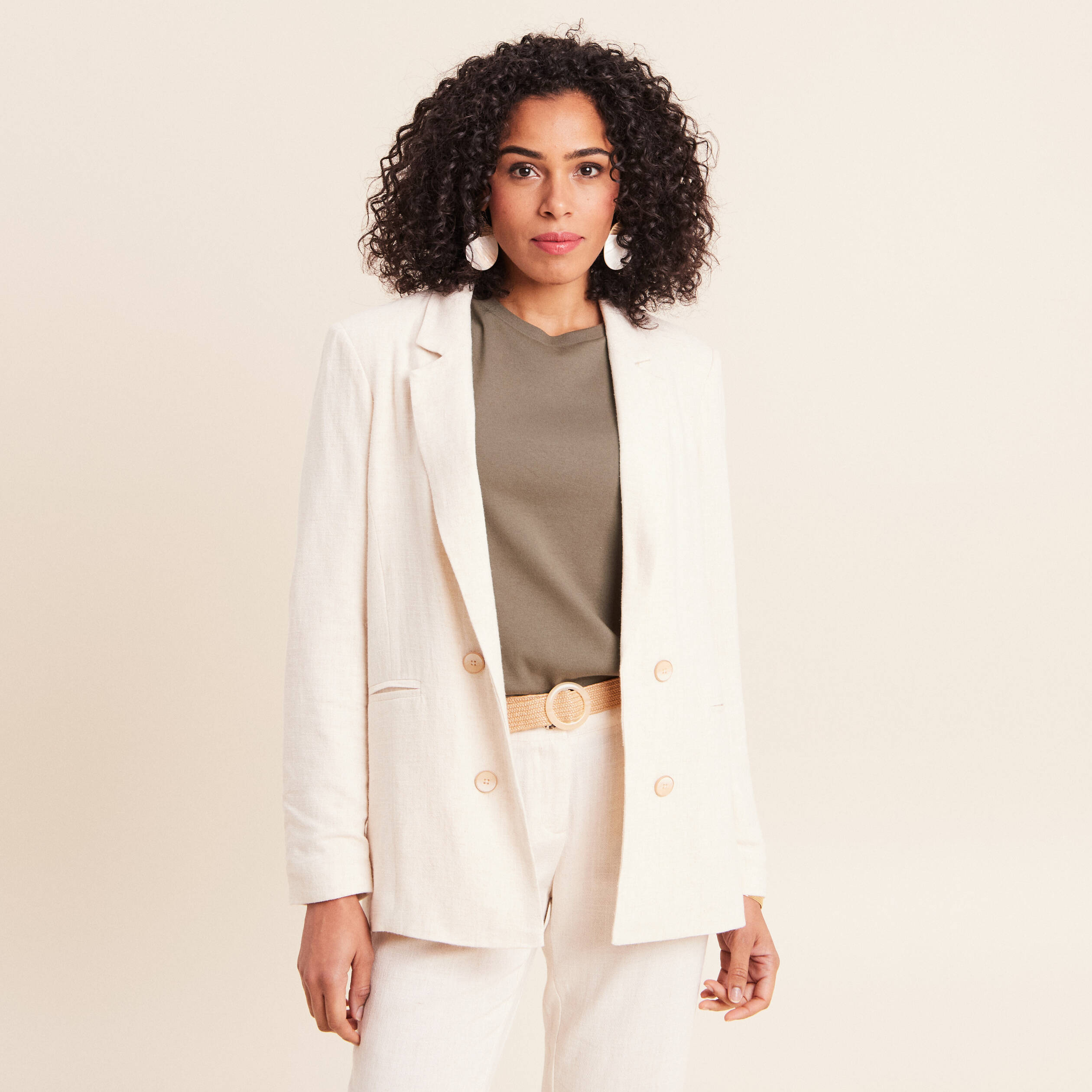 Blazer droit long manches 3/4 doubl&eacute; beige femme