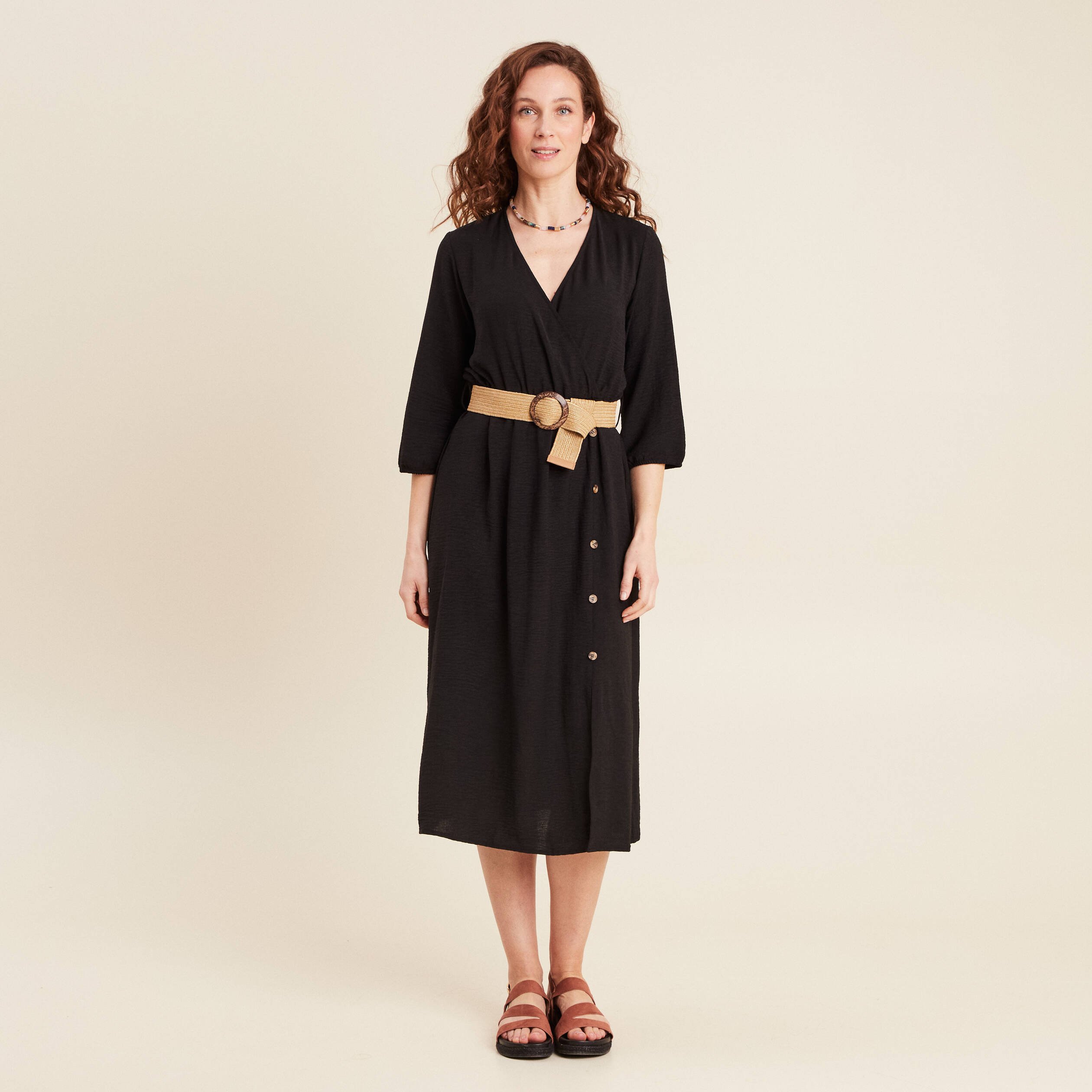 Robe droite ceinturée noir femme