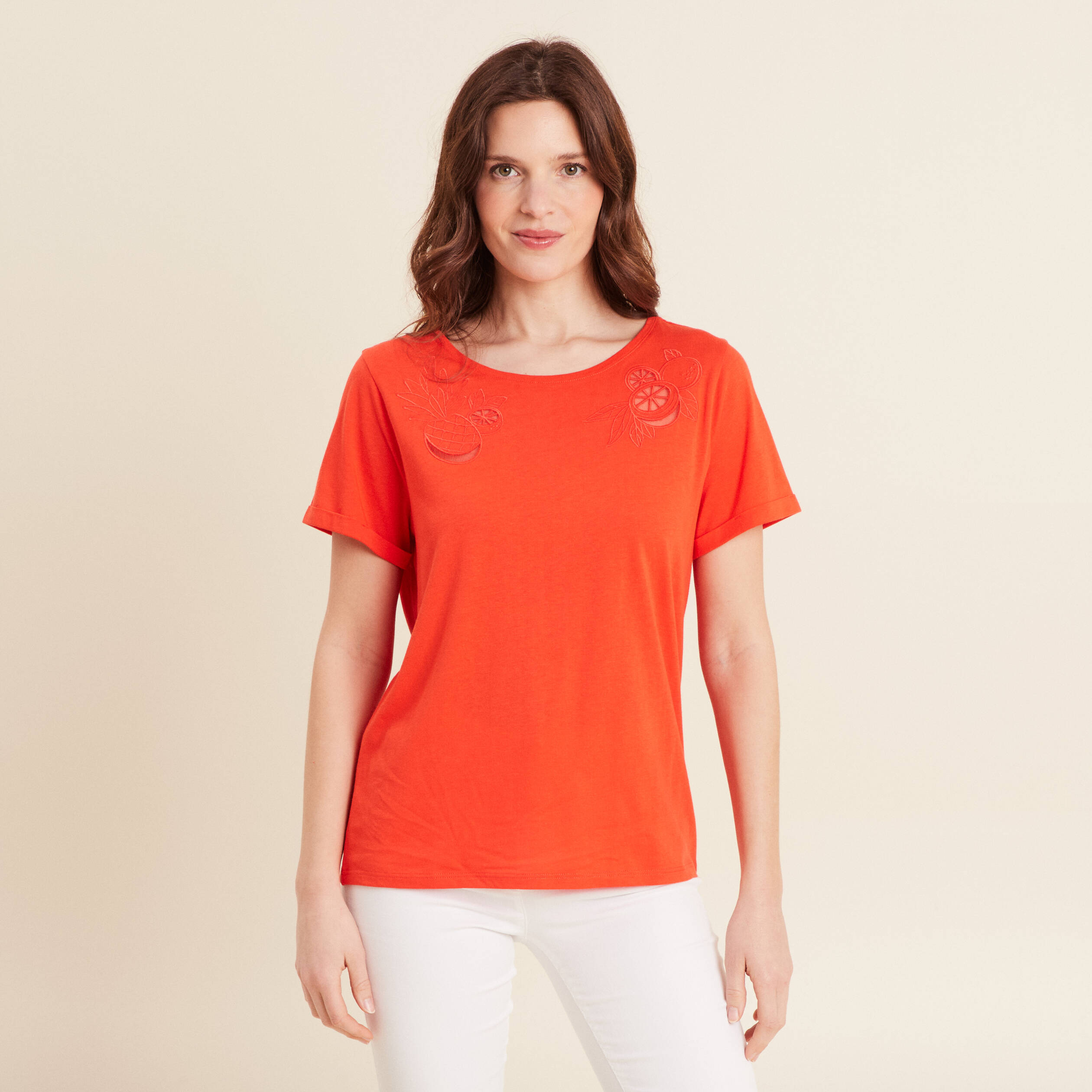 T-shirt manches courtes brodé orange foncé femme