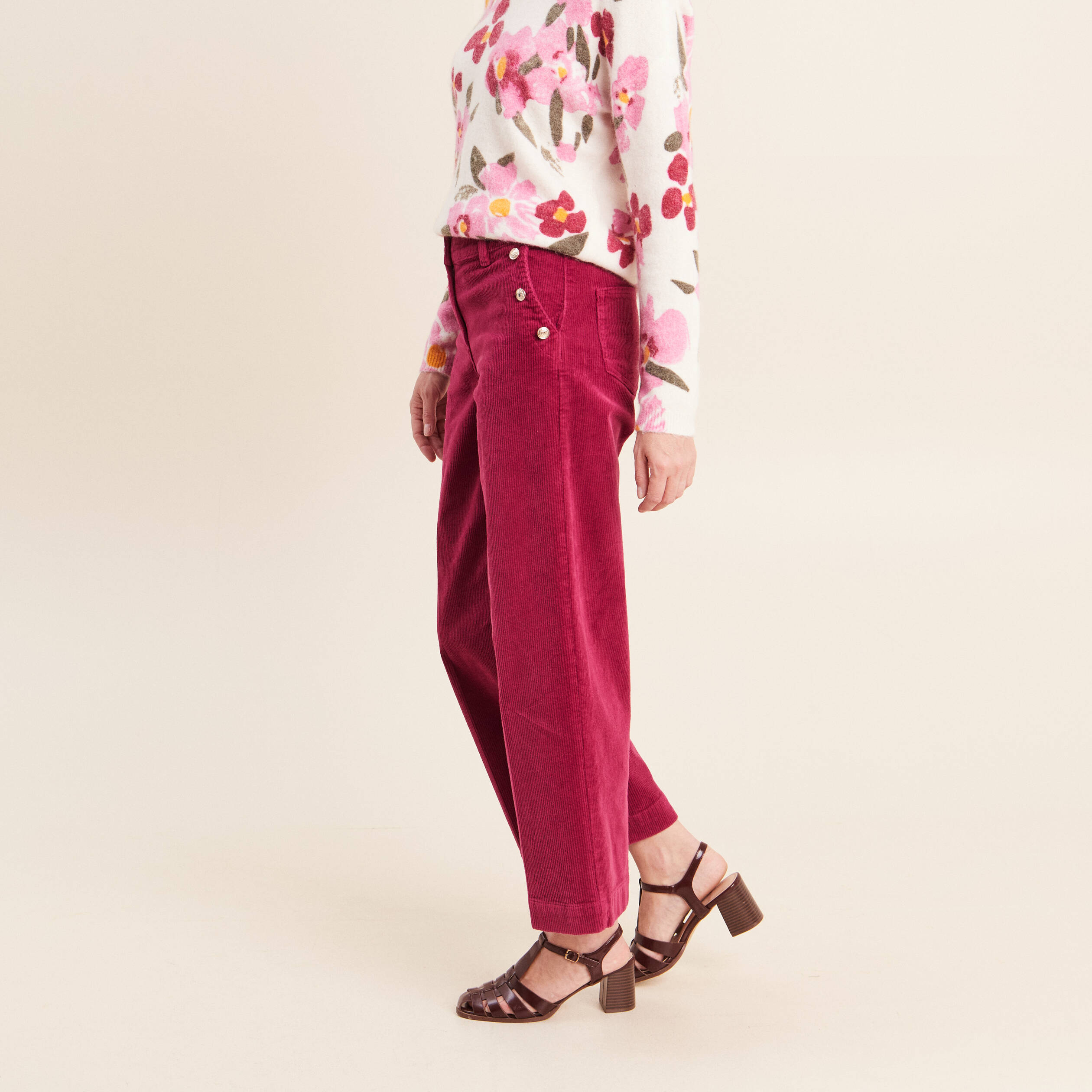 Pantalon large velours c&ocirc;tel&eacute; rouge fonc&eacute; femme