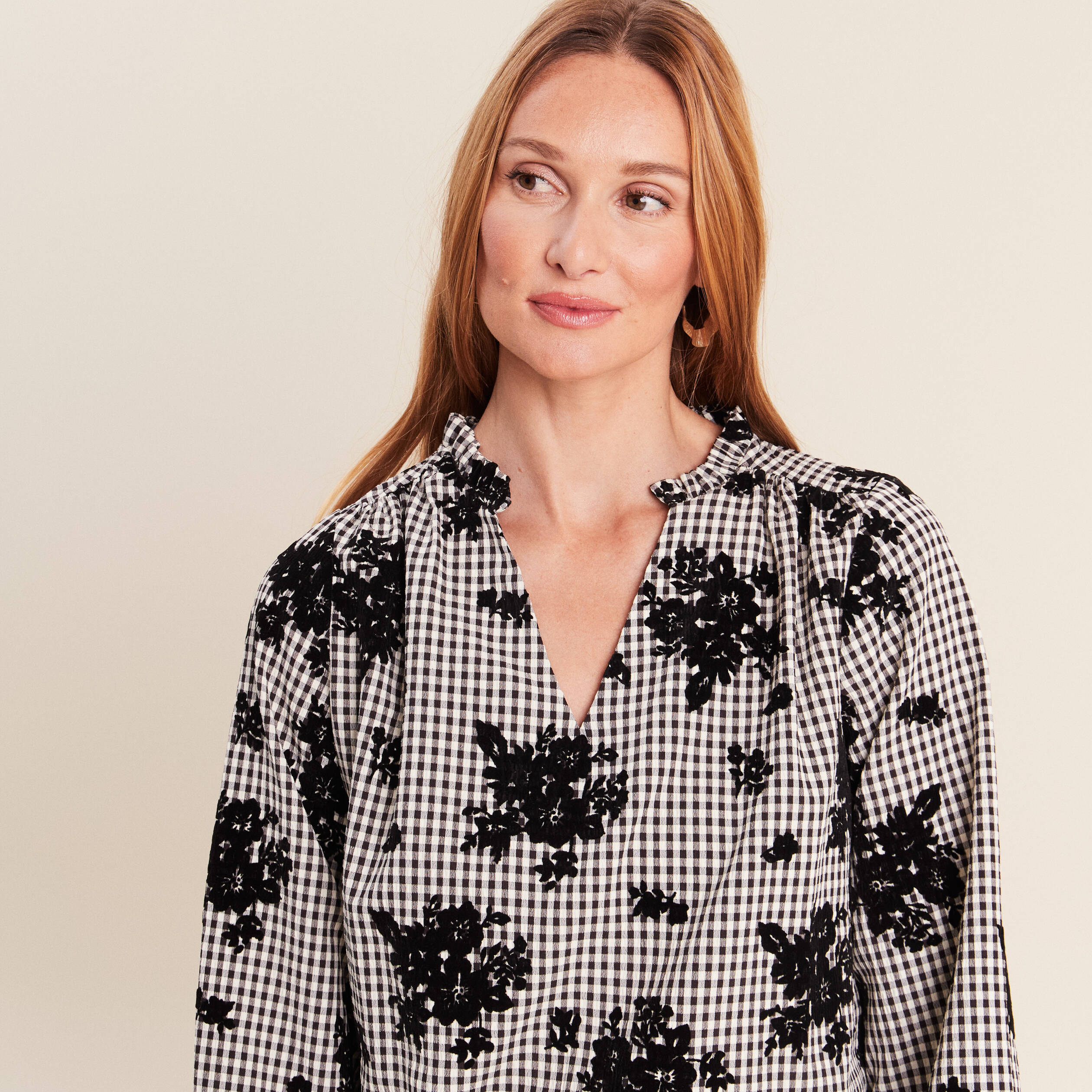 Blouse col v manches longues bleu femme