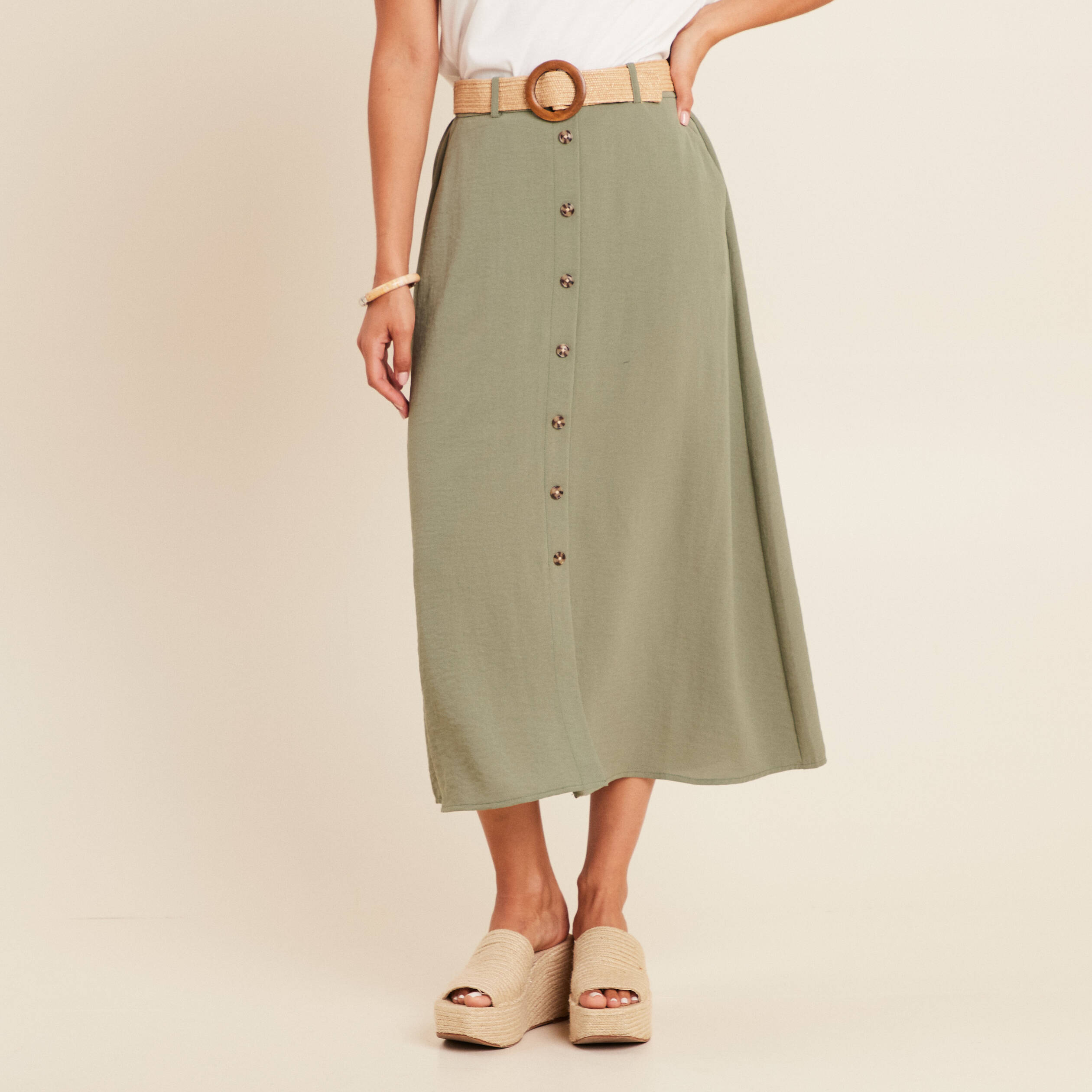 jupe longue evasee ceinture amovible vert kaki femme Jupe longue évasée ceinture amovible vert kaki femme