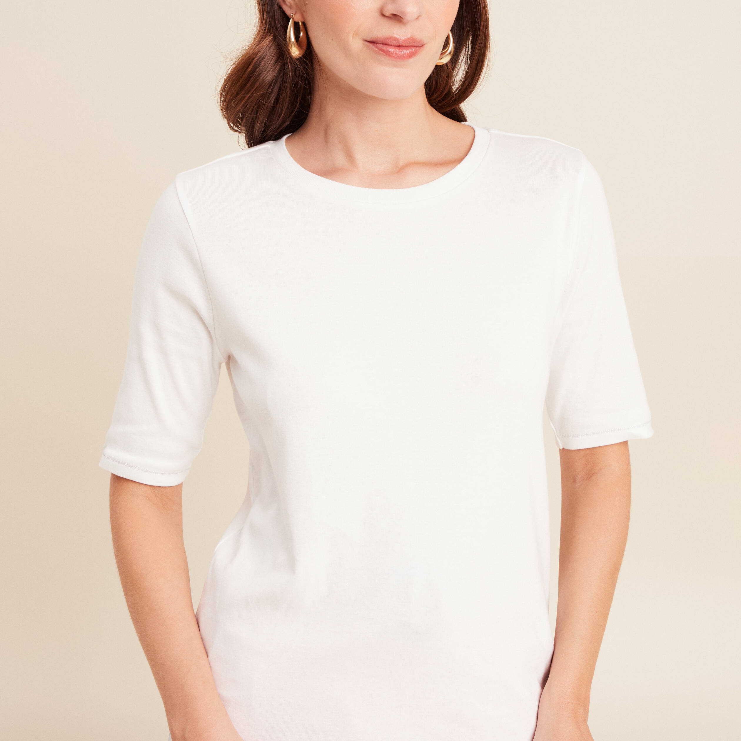 T-shirt ajust&eacute; col rond manches coudes ecru femme