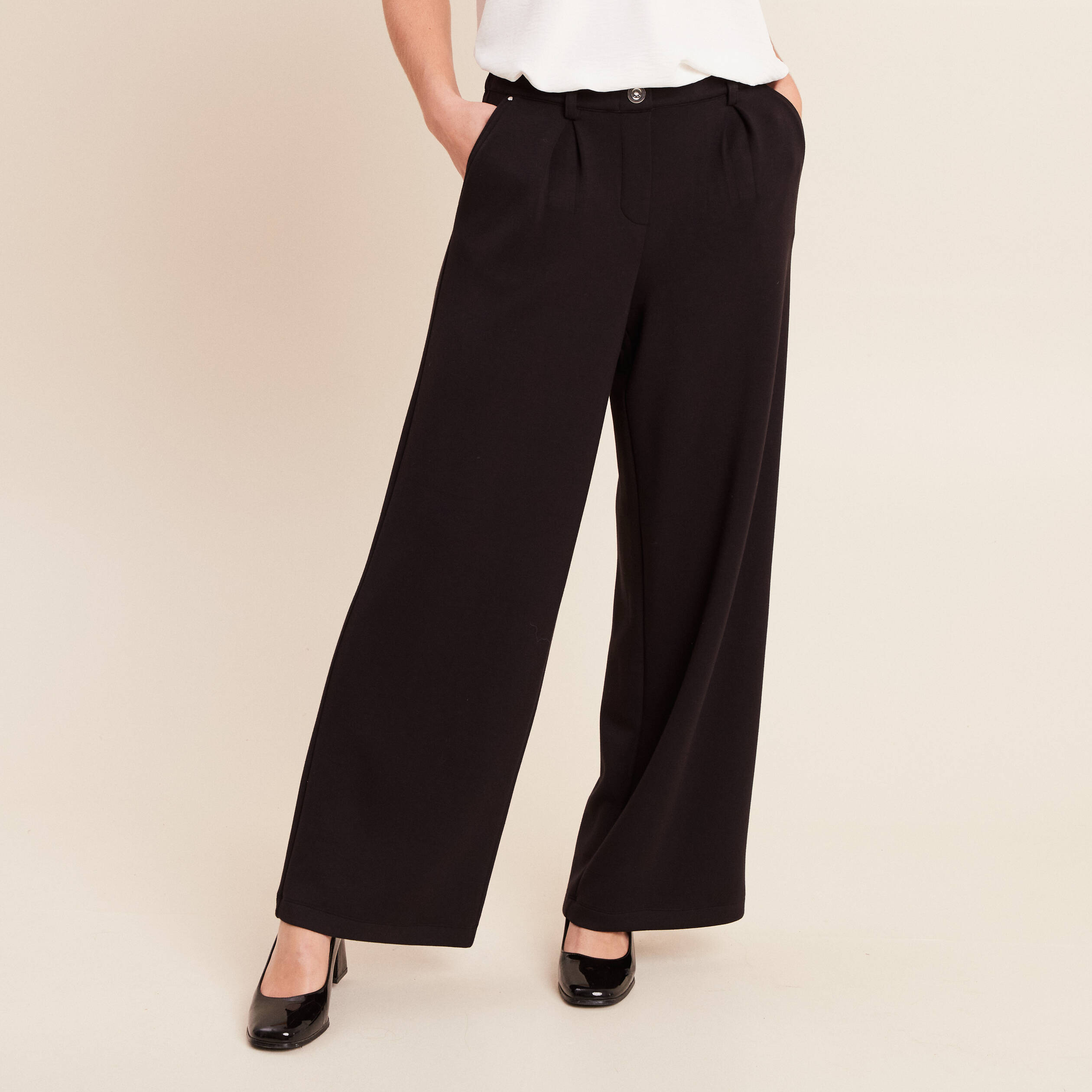 Pantalon coupe large taille haute maille noir femme