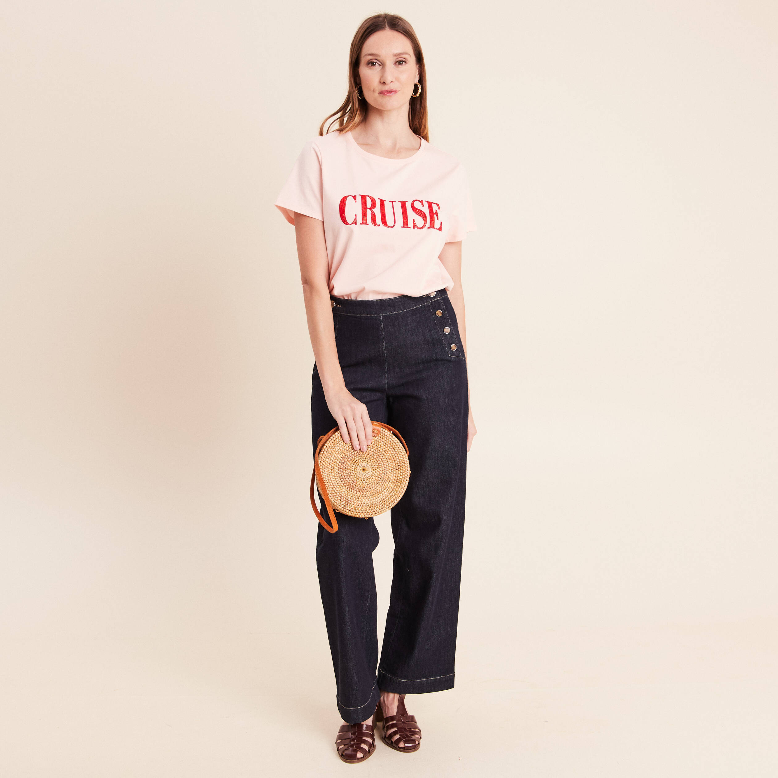 T-shirt col rond manches courtes rose poudr&eacute;e femme