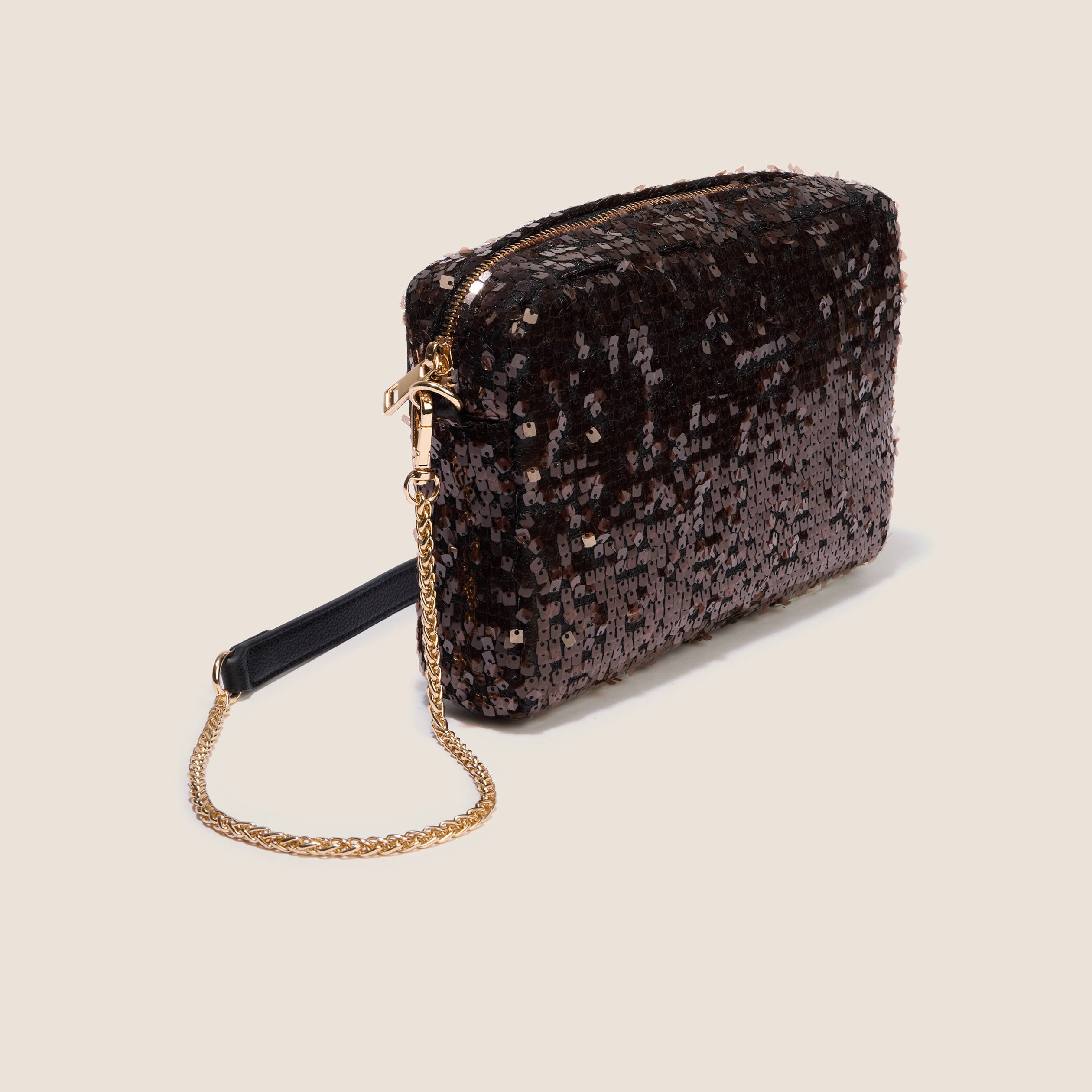 Sac en bandouli&egrave;re &agrave; sequins marron cognac femme