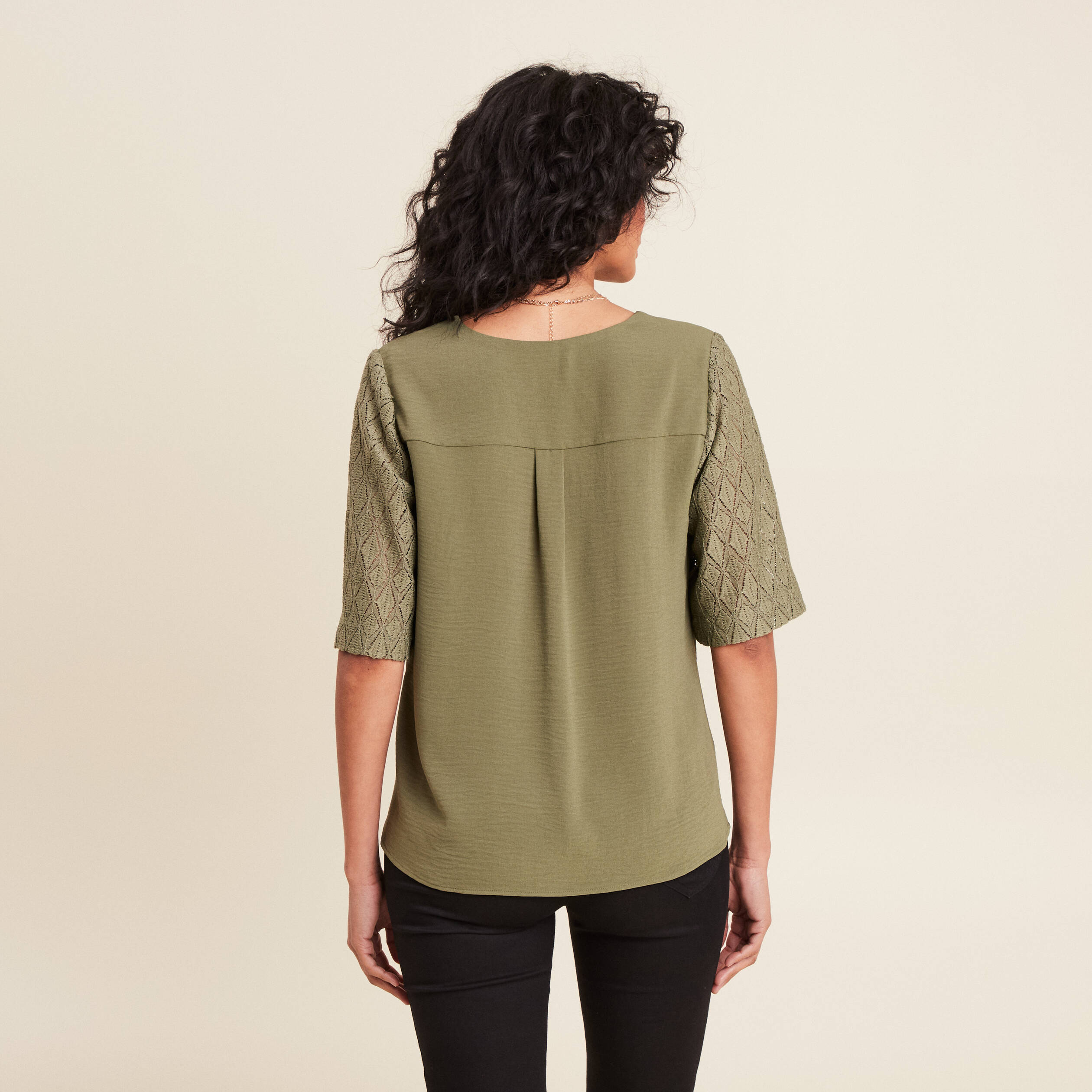 Blouse manches 3/4 vert kaki femme