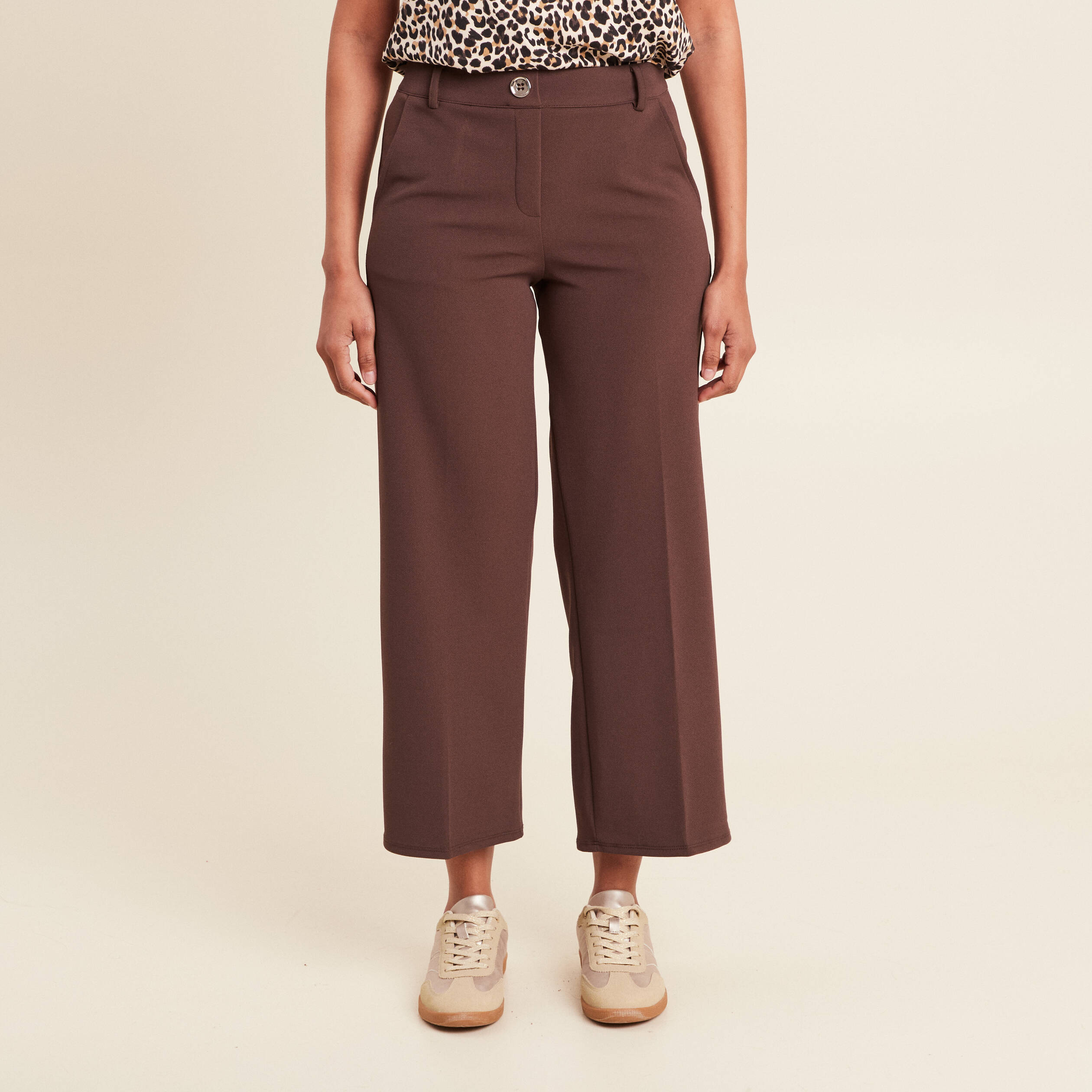 Pantalon large pinces marron femme