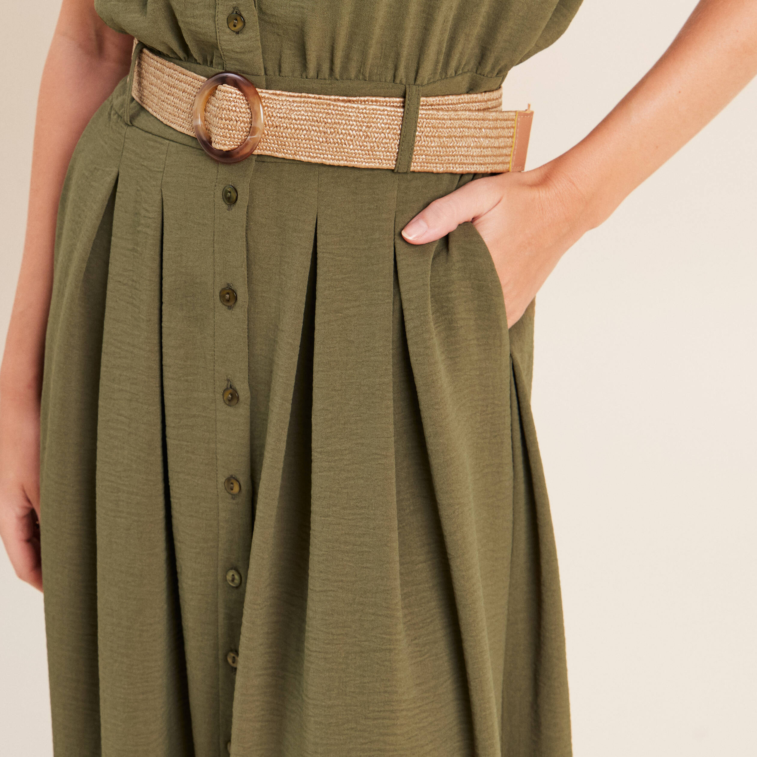Robe patineuse 3/4 col chemise vert kaki femme