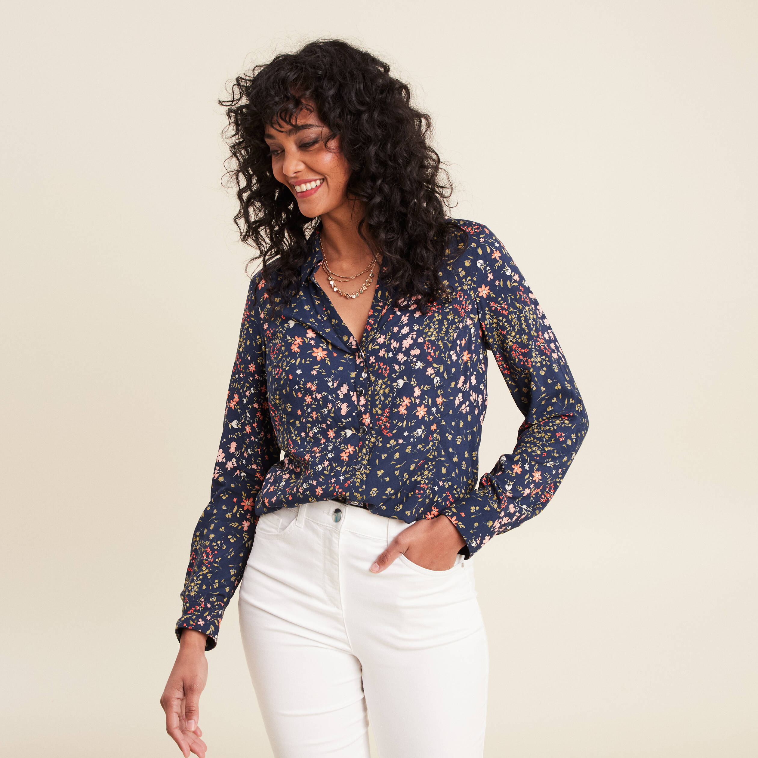Chemise manches longues bleu marine femme