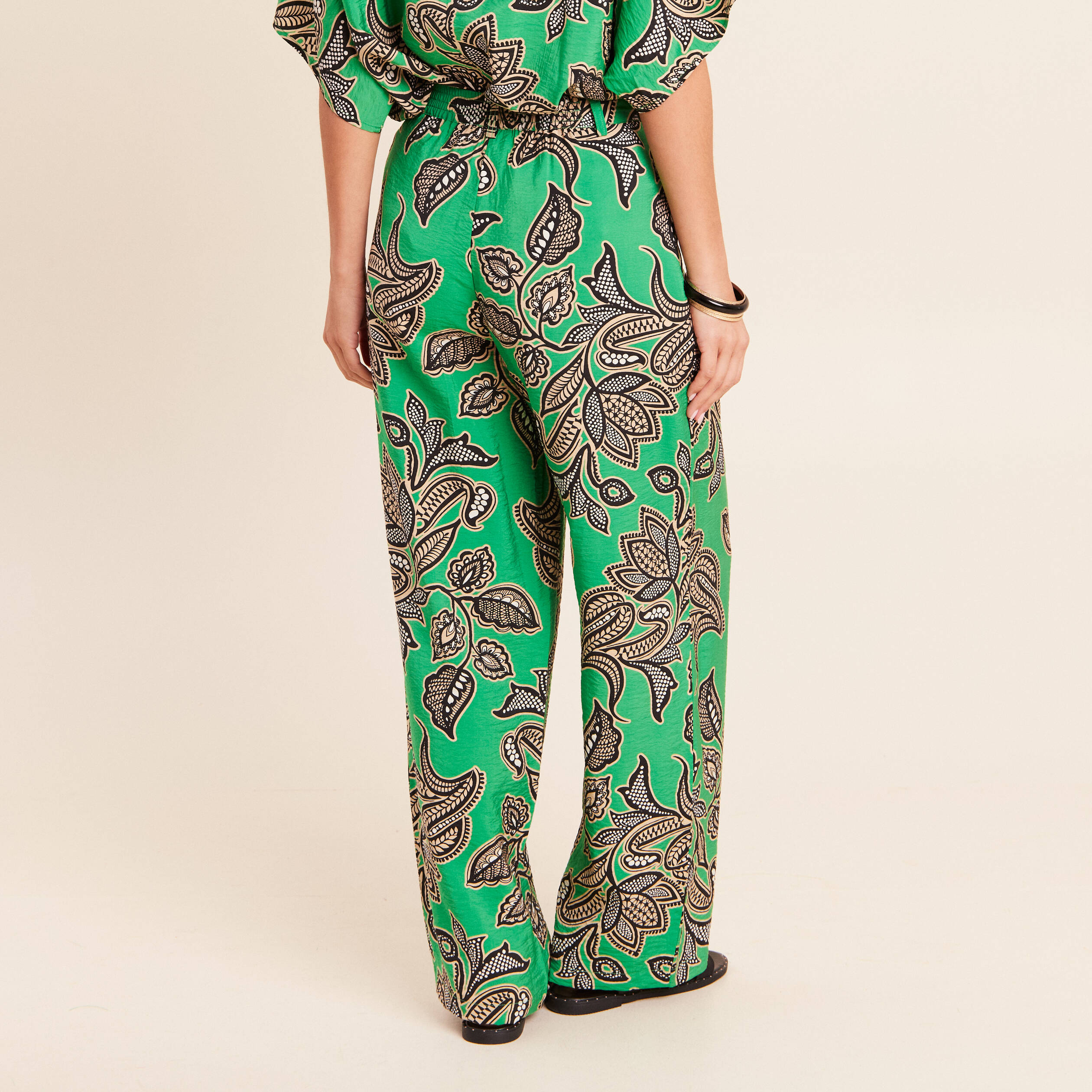 Pantalon large taille haute vert femme