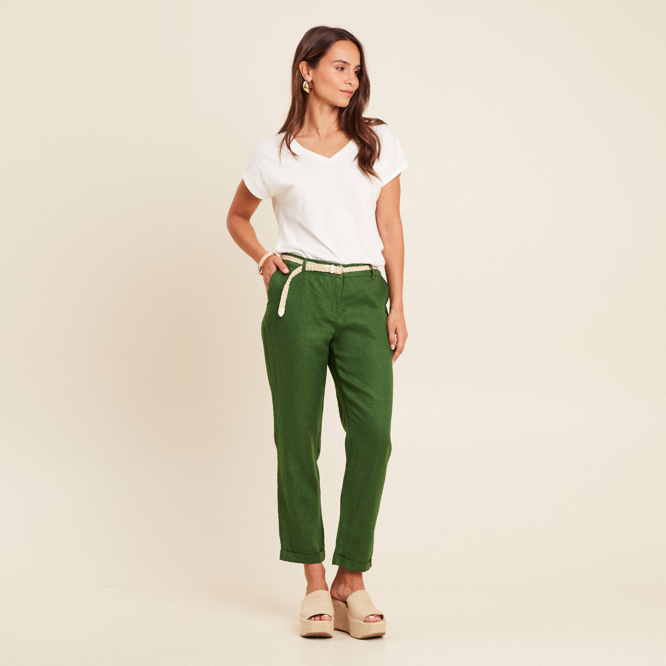 pantalon flou ceinture vert fonce femme Pantalon flou ceinturé vert foncé femme