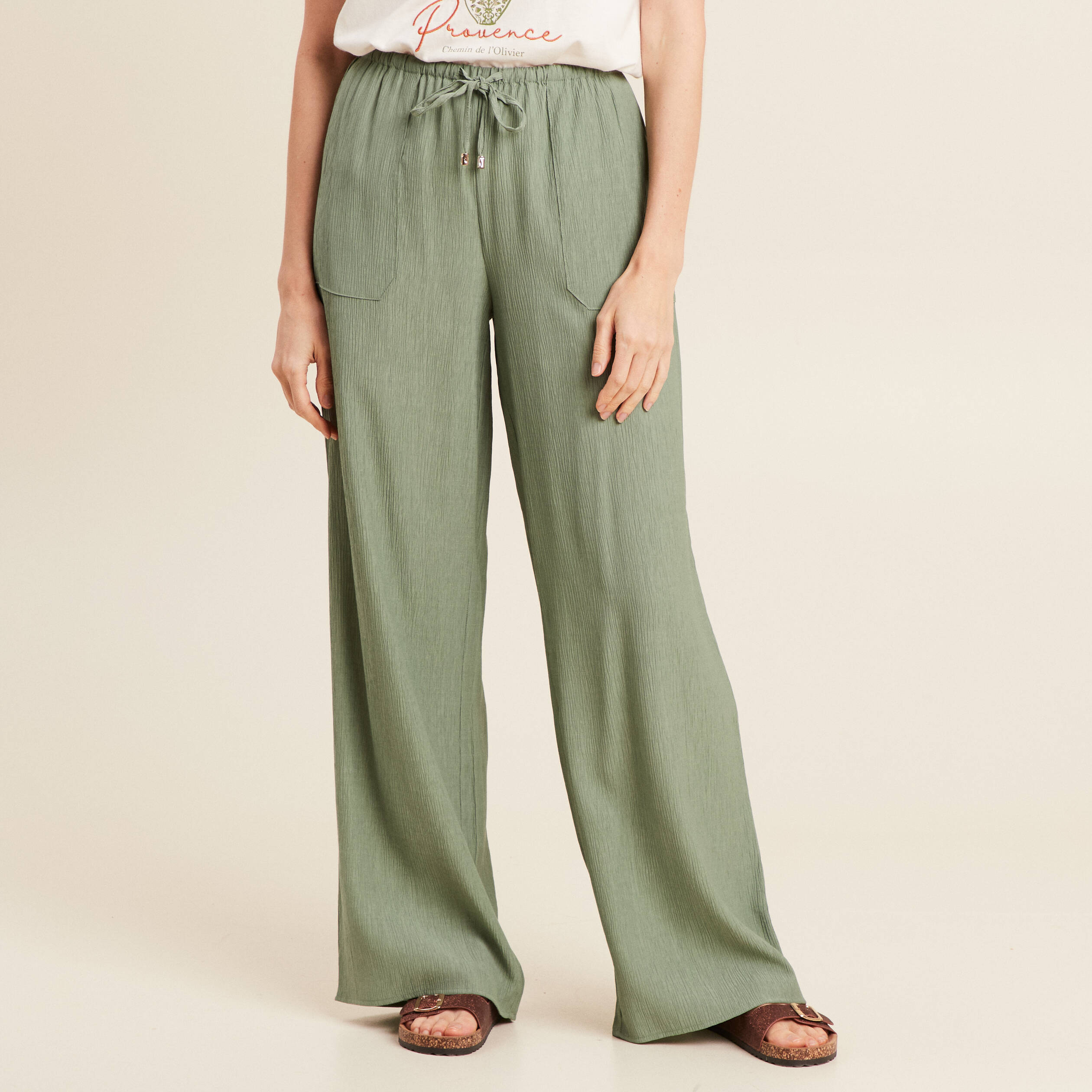 pantalon large fluide vert kaki femme Pantalon large fluide vert kaki femme