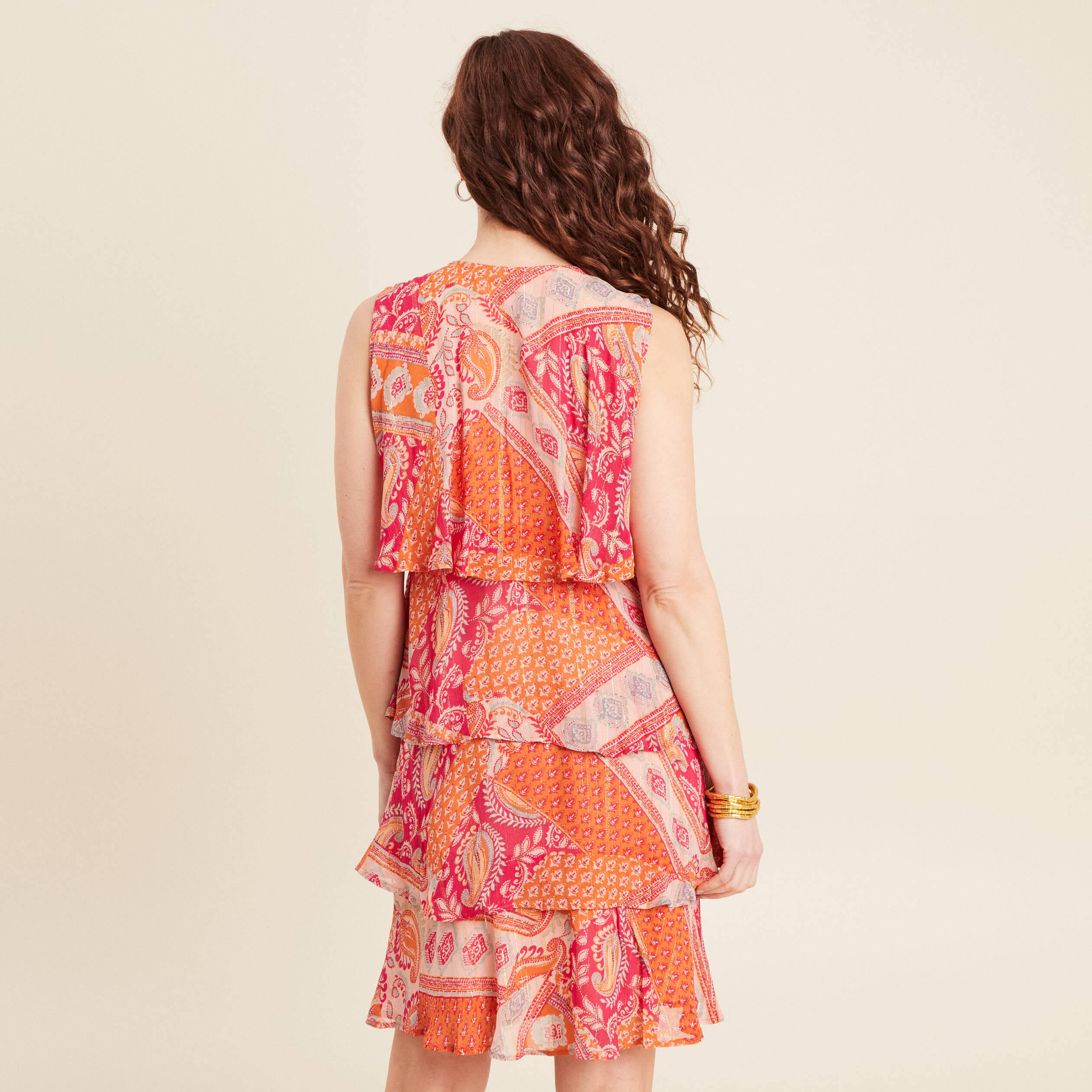 Robe évasée à volants orange femme