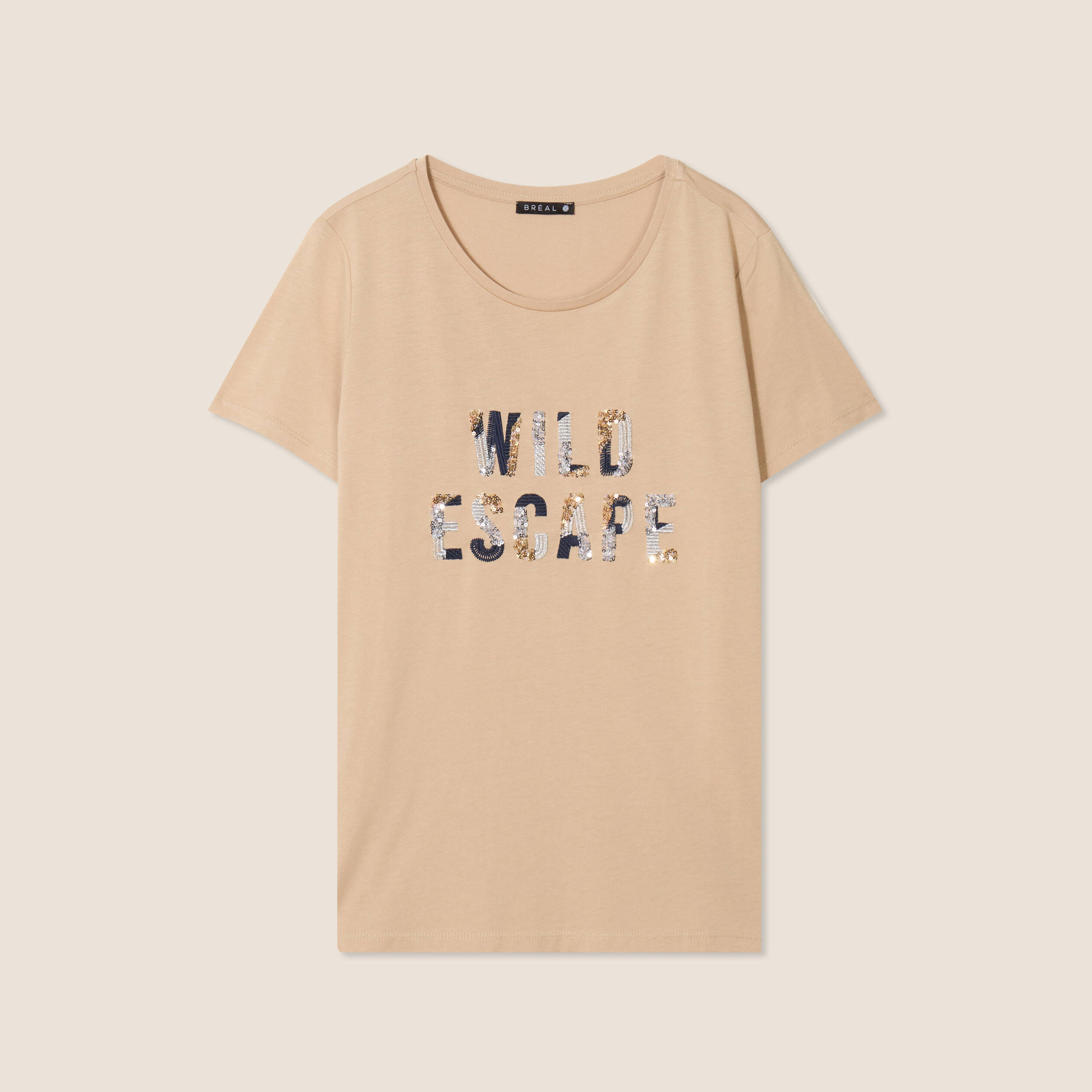 t shirt sequins manches courtes sable femme T-shirt sequins manches courtes sable femme